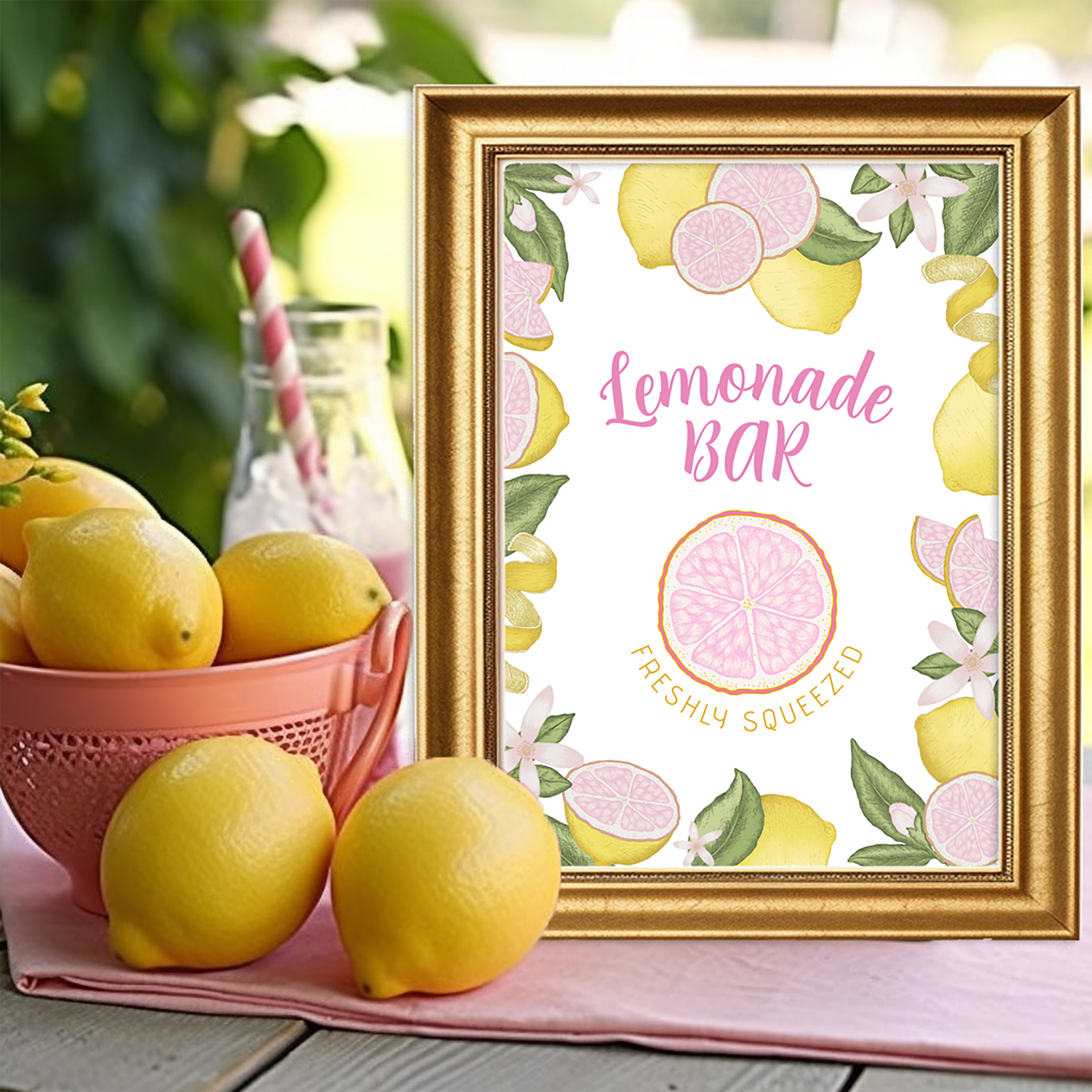 pink lemonade bar sign citrus lemon birthday drink station decor