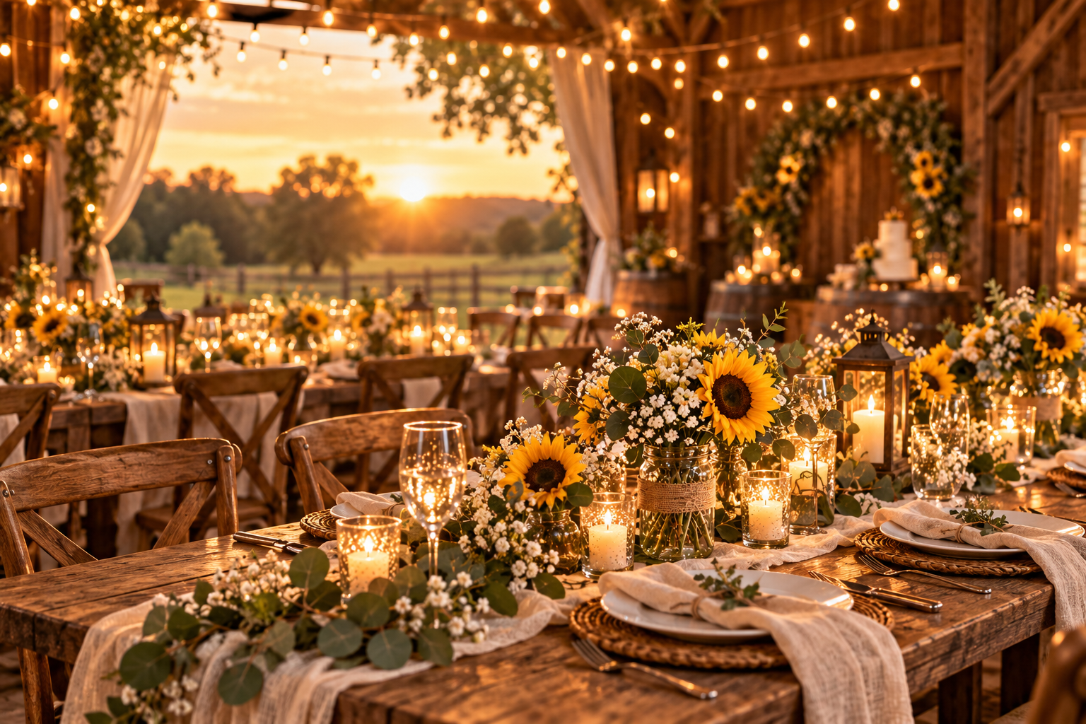 Rustic sunflower barn wedding reception at golden hour with string lights, wooden tables, ivory linens, candles, greenery, sunflowers, and warm romantic lighting.