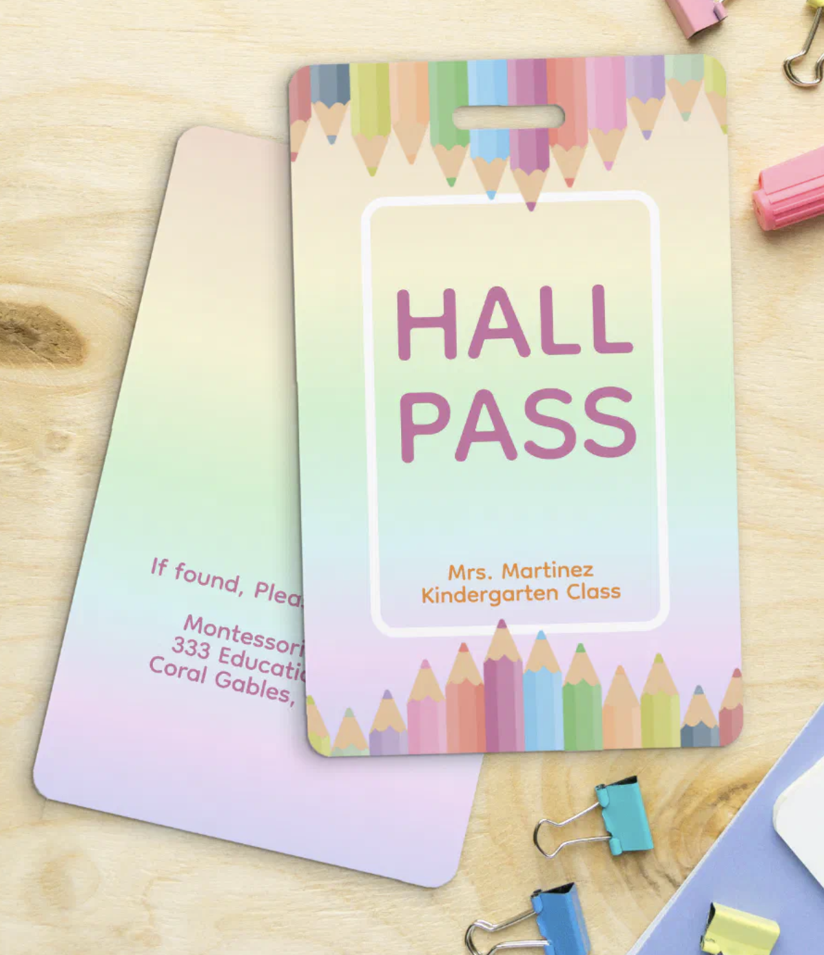 pastel rainbow classroom hall pass badge with colorful pencil design