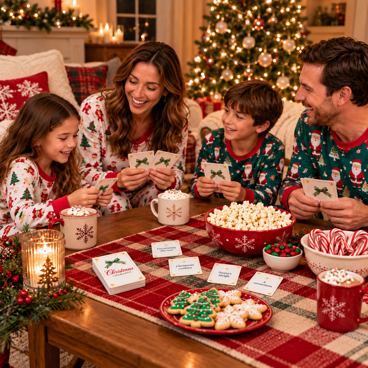 Family gathered around a table in a cozy Christmas living room, laughing while playing charades, with a small deck of Christmas charades cards and a few prompt cards arranged on a table runner.