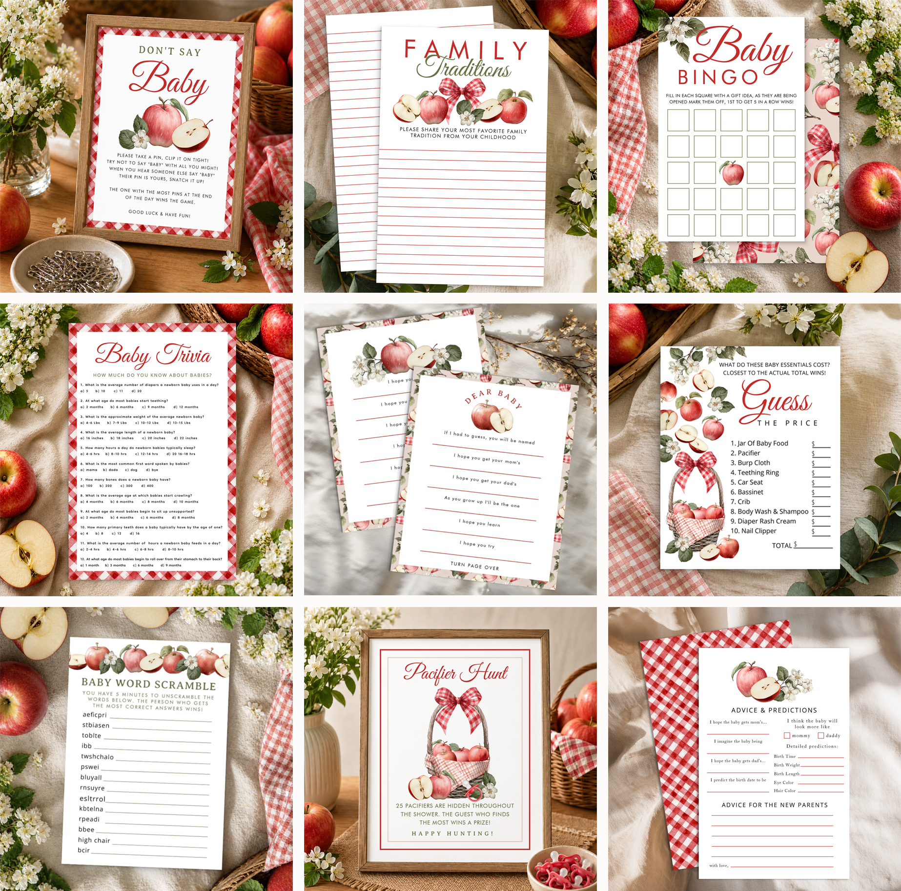 Collage of Apple of Our Eye baby shower game cards arranged in a grid layout