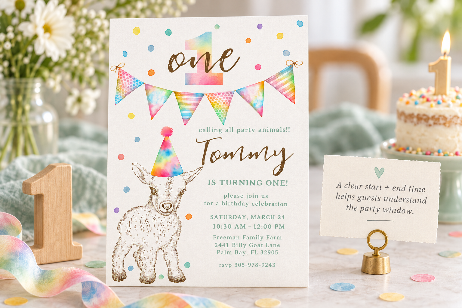 Chateau Whispers first birthday invitation styled with a 10:30 AM to 12:00 PM party window, alongside a note explaining that a clear start and end time helps guests understand the schedule.