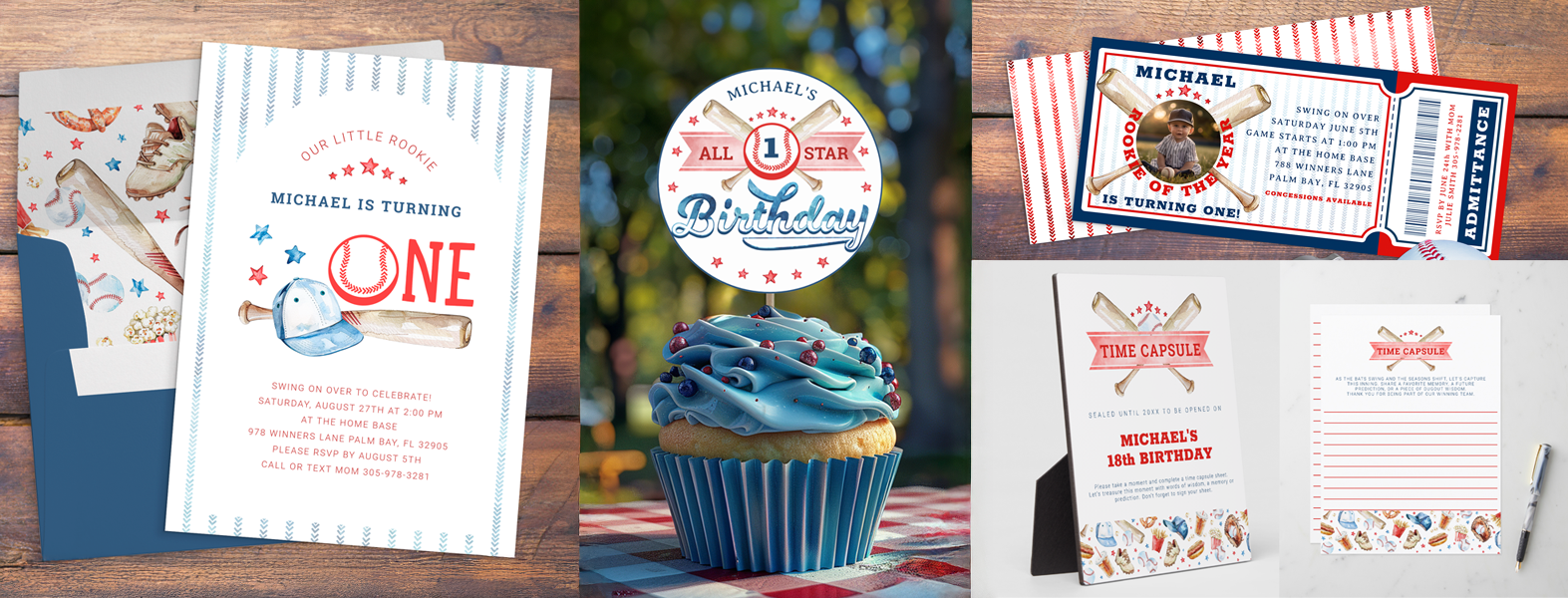 Rookie of the Year baseball first birthday party collection featuring personalized baseball invitations, ticket invitations, cupcake toppers, and Time Capsule cards for a little boy's first birthday.