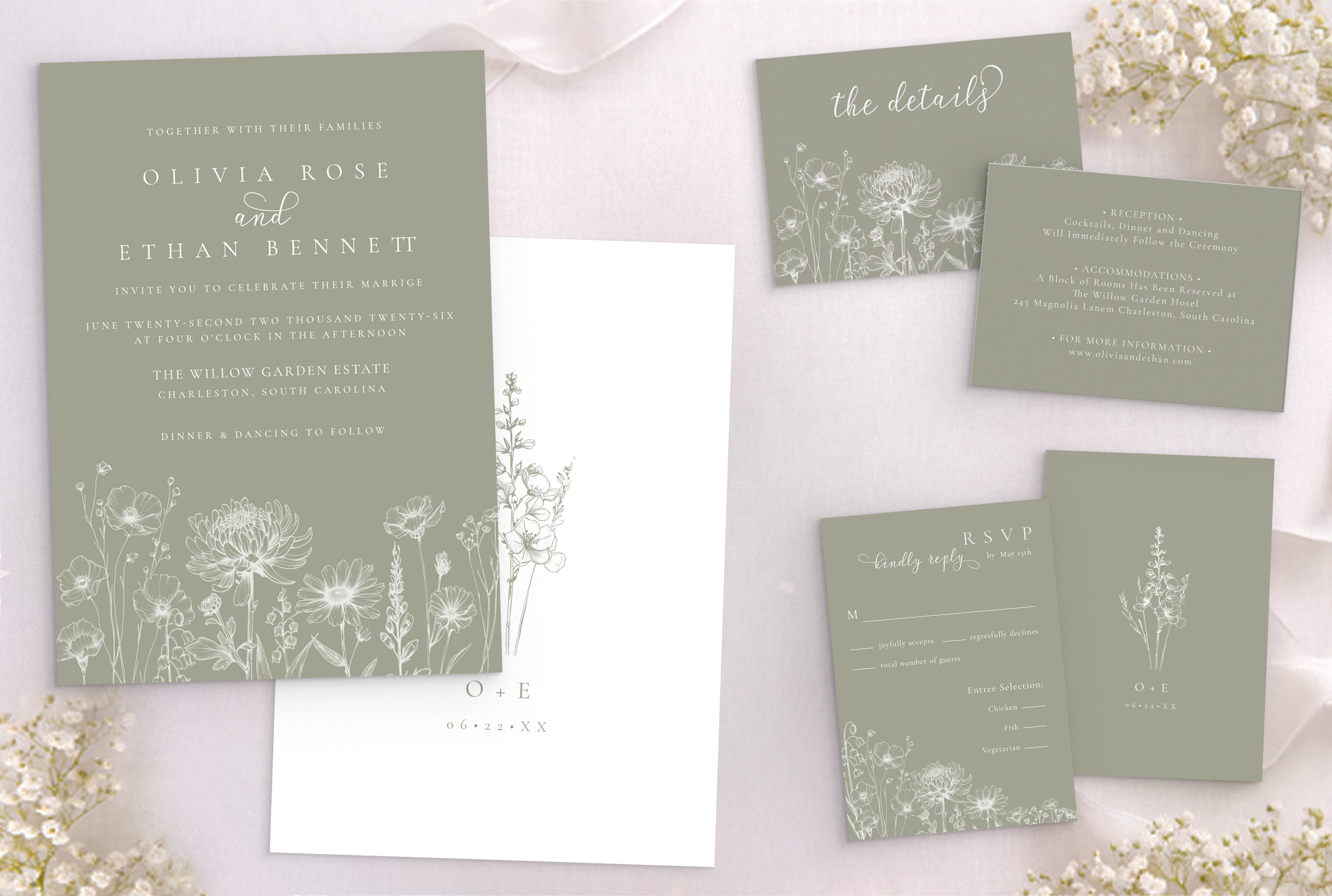 Sage green botanical wedding invitation suite with RSVP card, details card, and envelope featuring minimal floral line art