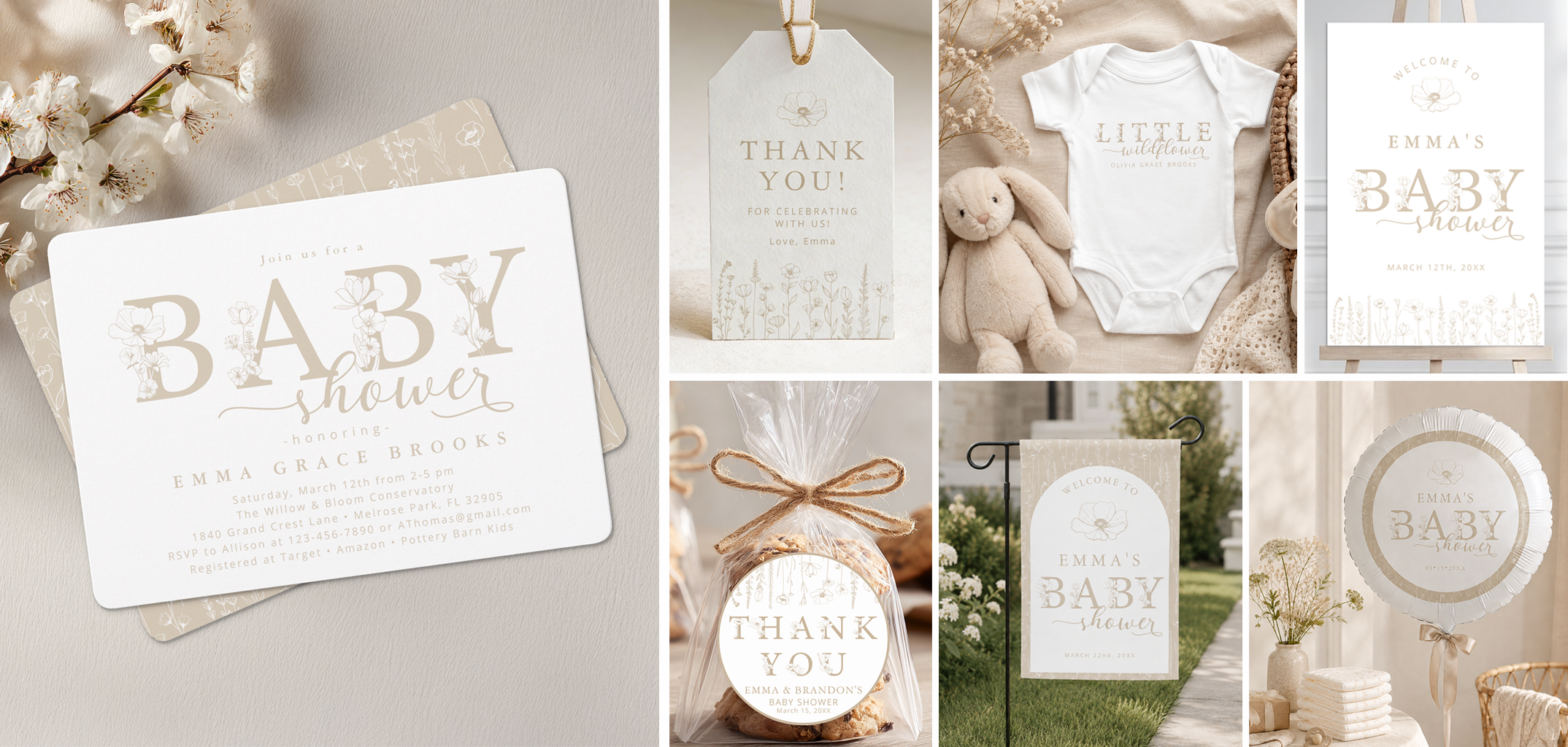 Taupe wildflower baby shower collection with neutral floral invitation, thank you tag, baby bodysuit, welcome sign, favor, garden flag, and balloon.