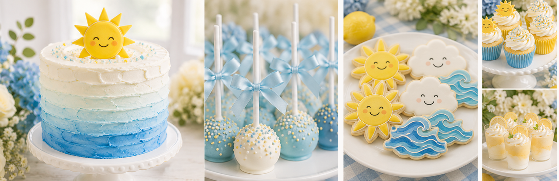 Here Comes the Son baby shower dessert table with blue ombré cake, sunshine cookies, cake pops, cupcakes, and lemon desserts.
