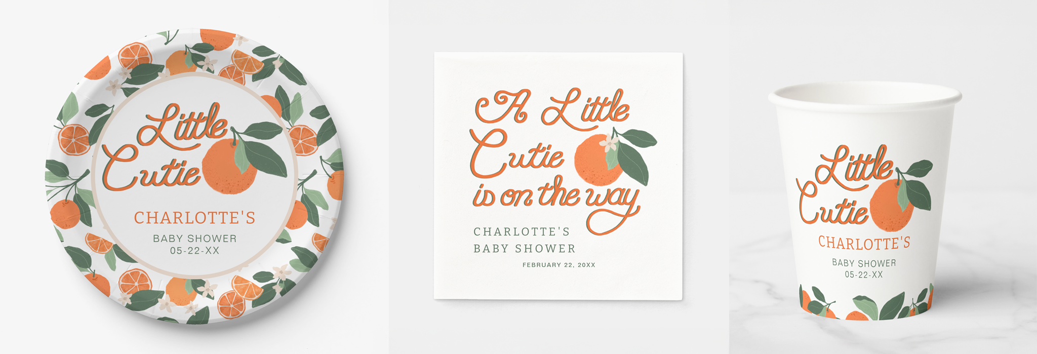 Little Cutie baby shower table setup with citrus-themed plates, napkins, and cups in soft orange and green tones.