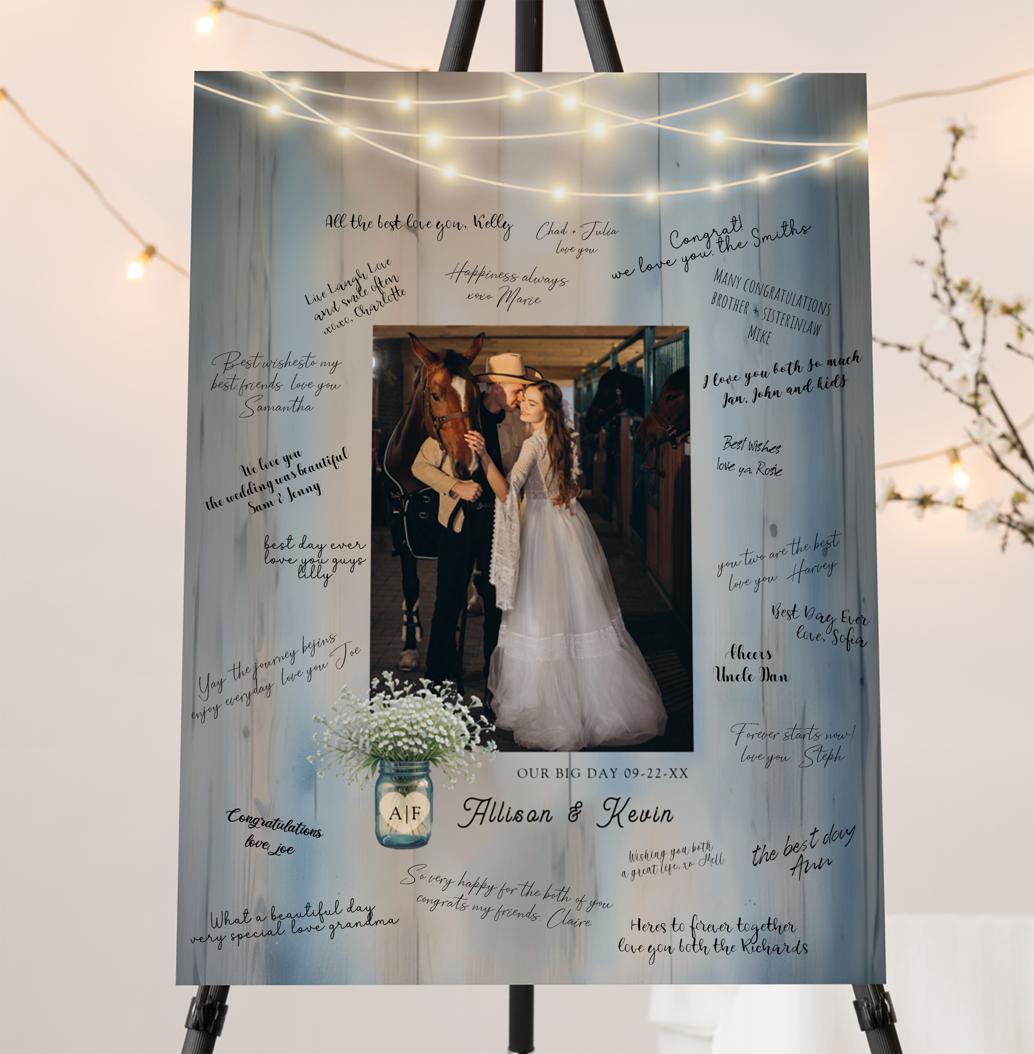 Rustic wedding photo guest book alternative with baby’s breath mason jar design