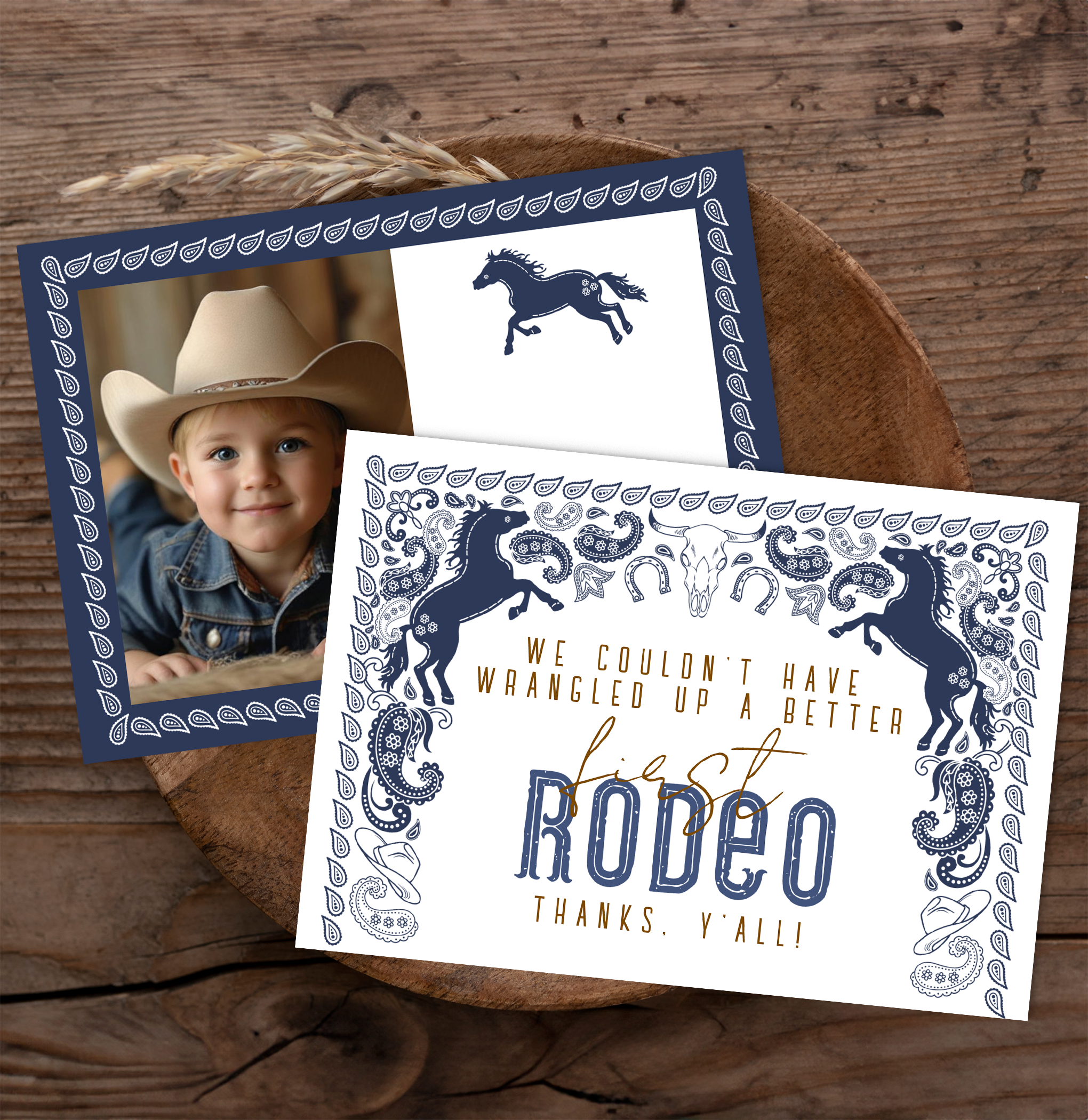 First rodeo birthday thank you card western theme