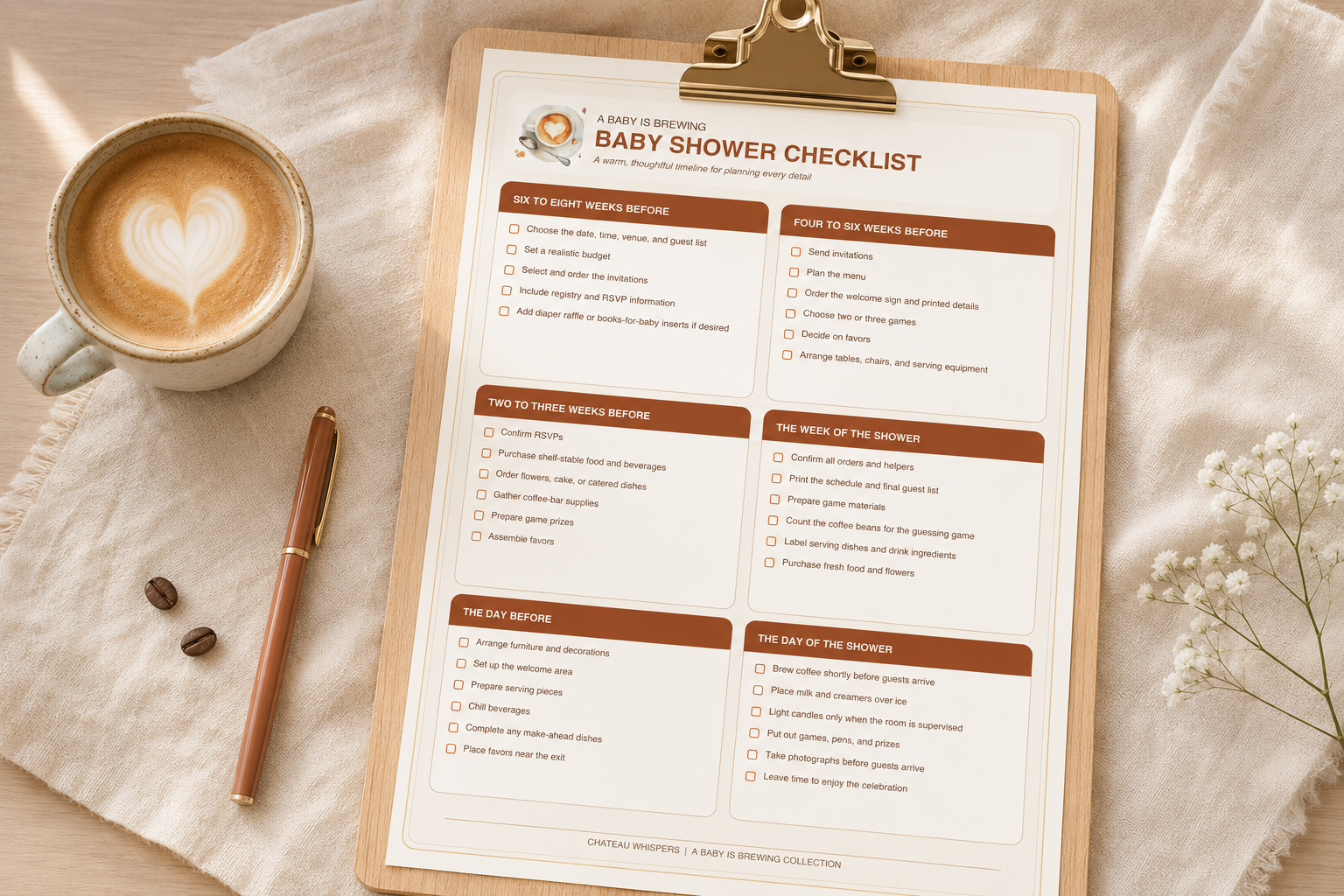 Printable A Baby Is Brewing baby shower checklist displayed on a wooden clipboard beside a latte and pen.