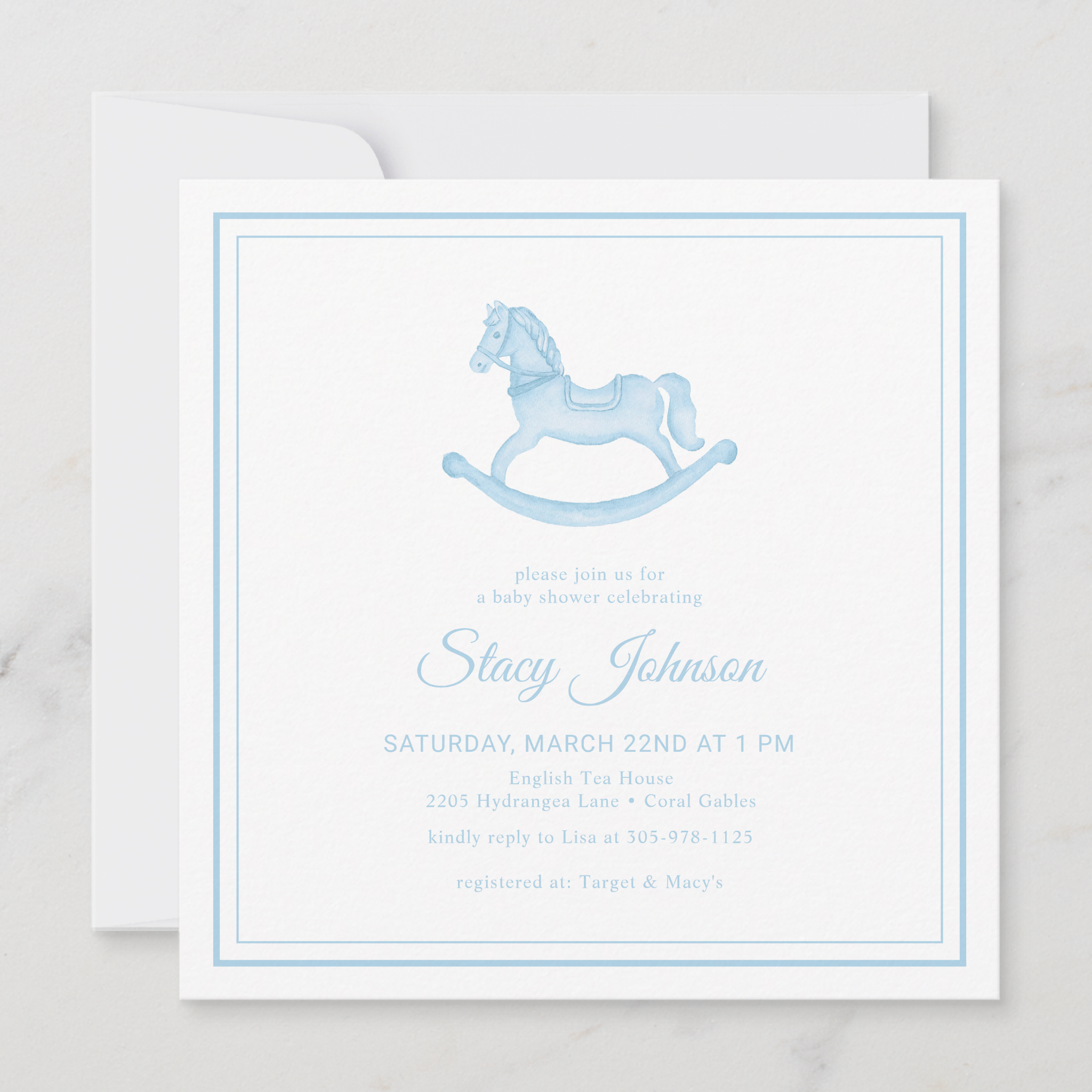 square rocking horse baby shower invitation classic blue baby shower invitation