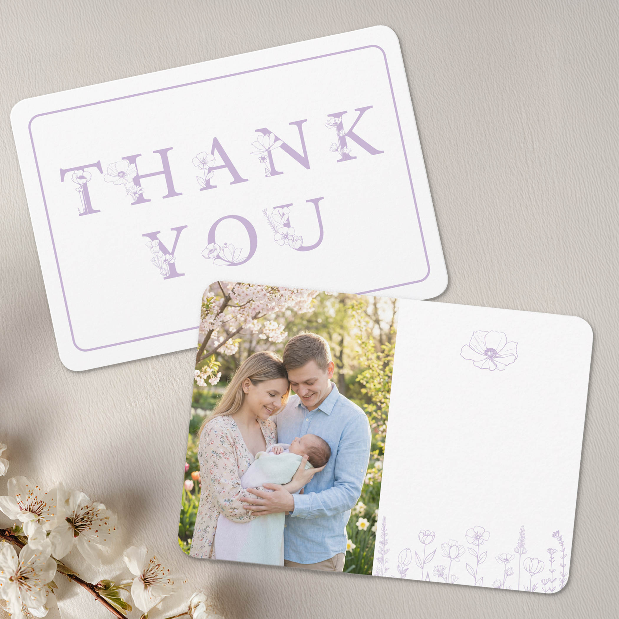 Lavender baby shower photo thank you card with botanical wildflower accents