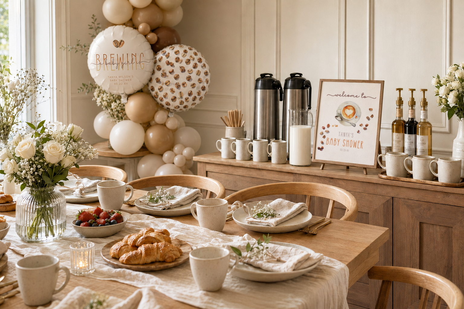 Gender-neutral coffee-themed baby shower with a brunch table, coffee bar, flowers, and coordinating “A Baby Girl Is Brewing” balloons.
