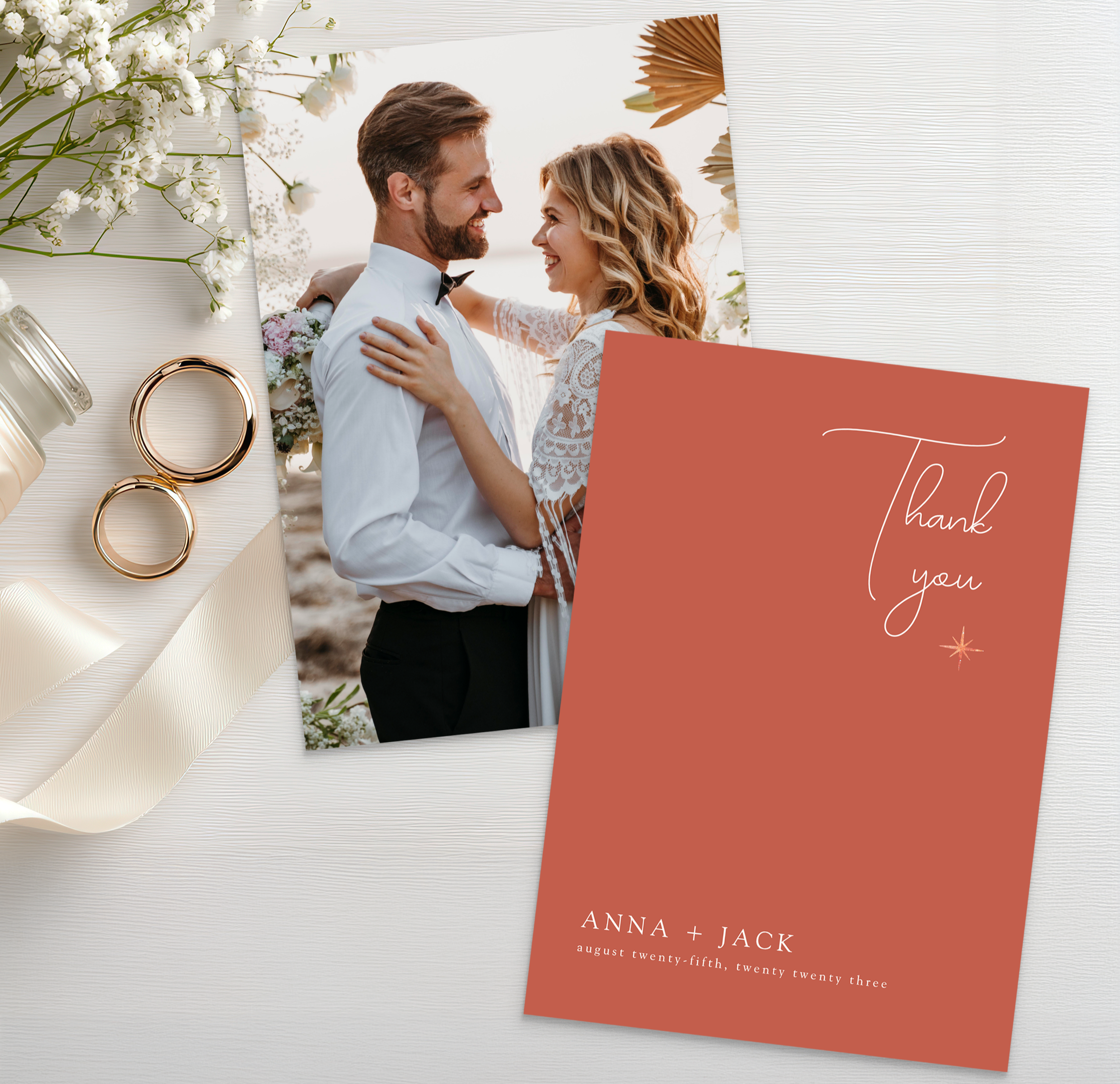 Terracotta moon themed wedding thank you card with minimalist celestial design