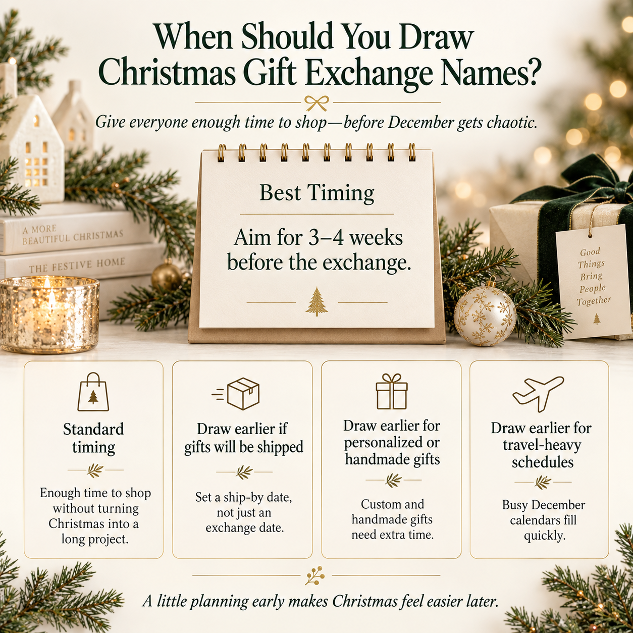 Christmas gift exchange timing infographic recommending drawing names three to four weeks before the exchange, with earlier planning for shipped, personalized, handmade, or travel-related gifts.
