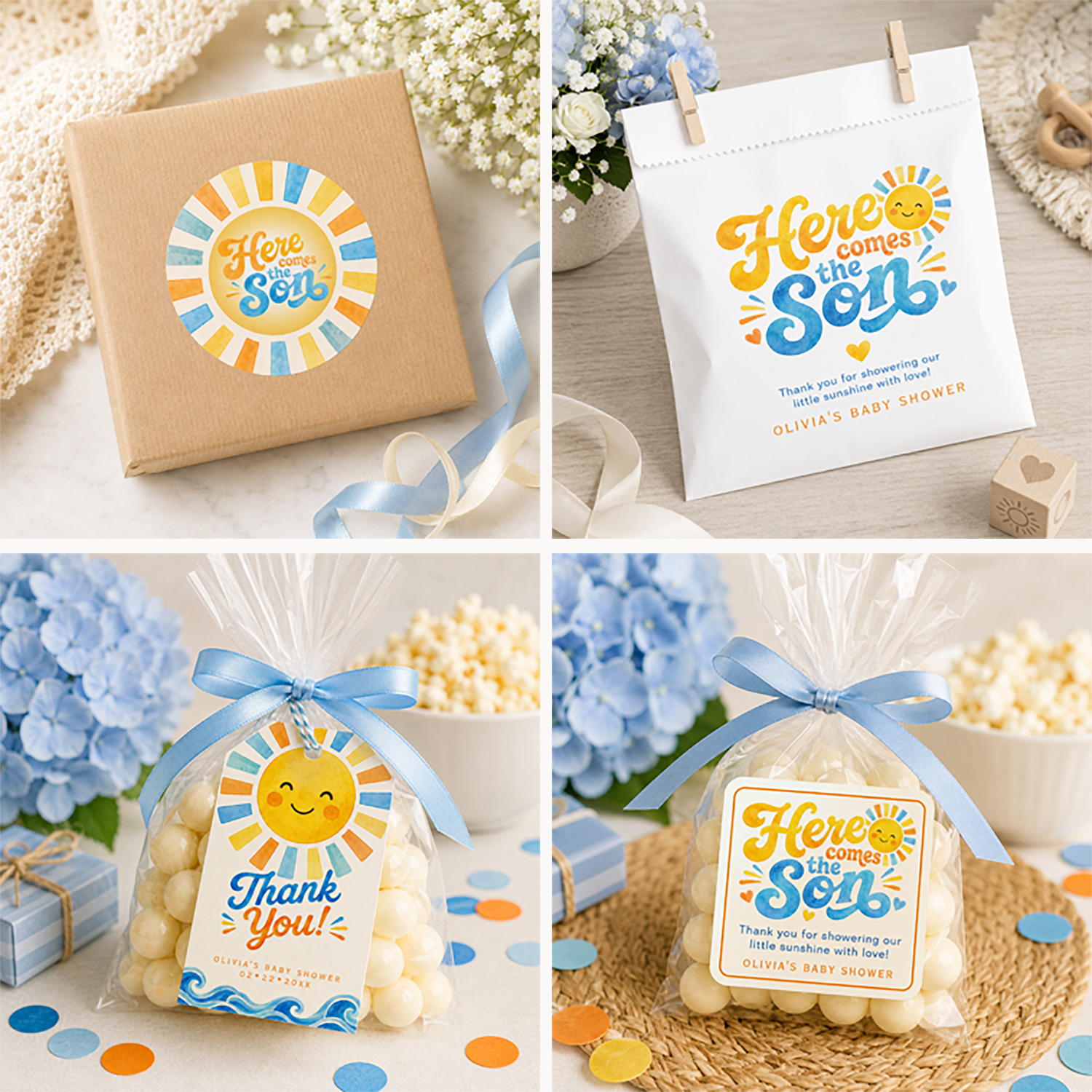 Here Comes the Son baby shower favor ideas featuring personalized favor bags, thank-you gift tags, custom favor stickers, and wrapped treats with coordinating sunshine-themed artwork in blue, orange, and yellow.