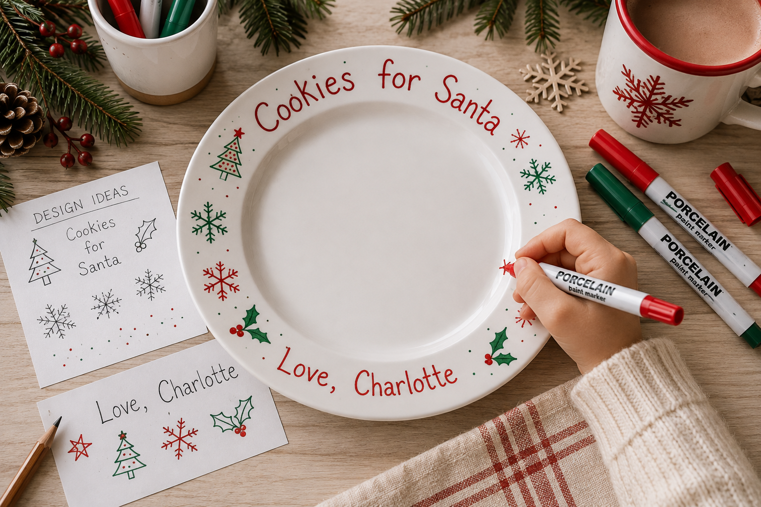 Child decorating a DIY Cookies for Santa plate with red and green porcelain paint markers.