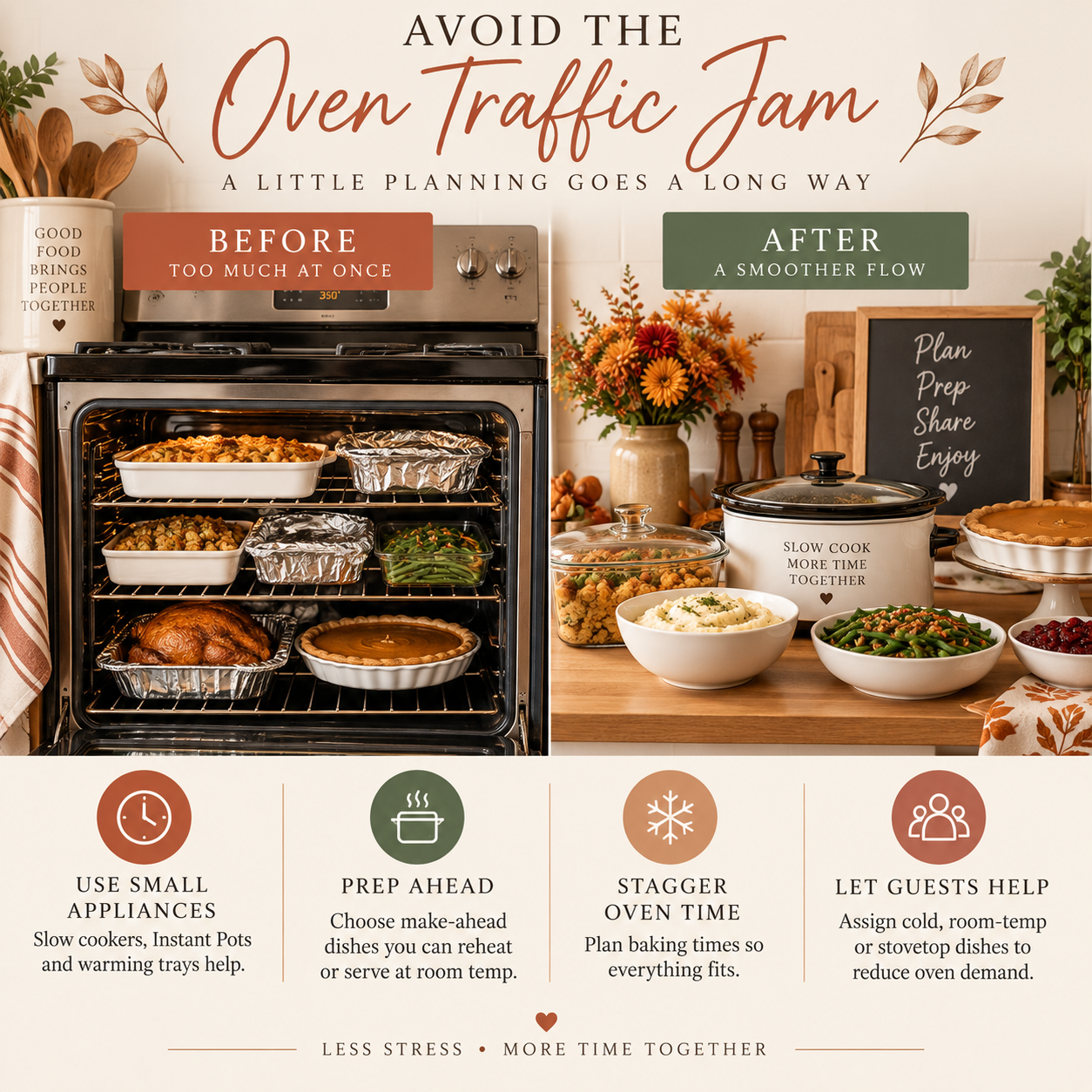 Friendsgiving infographic comparing an overcrowded oven with a smoother serving plan using slow cookers, make-ahead dishes, staggered oven times, and guest contributions that reduce oven demand.