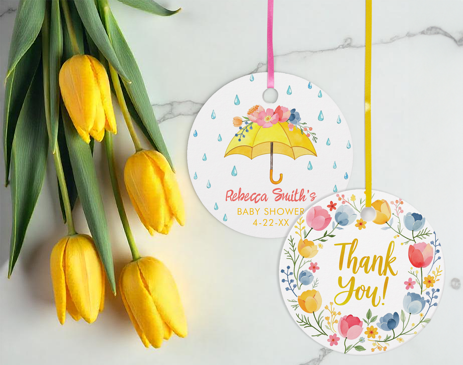 Round floral umbrella baby shower favor thank you tags