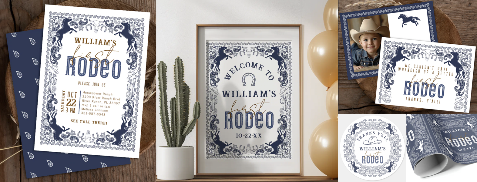 First Rodeo western first birthday party collection featuring a personalized invitation, welcome sign, thank-you card, favor sticker, and coordinating gift wrap with western bandana artwork. Available in four color options for boys and girls.