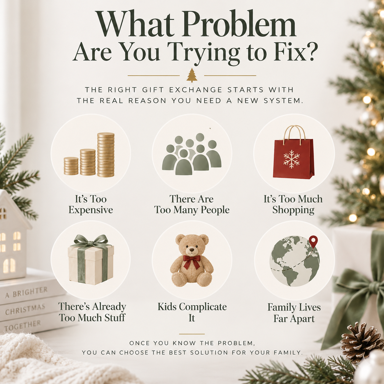 Minimal Christmas infographic showing six common family gift exchange problems: cost, too many people, too much shopping, too much stuff, children complicating gifts, and long-distance relatives.