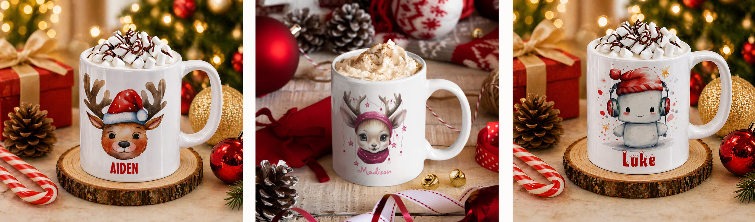 Three personalized kids Christmas mugs with custom names, featuring festive holiday characters including a reindeer and winter animal designs