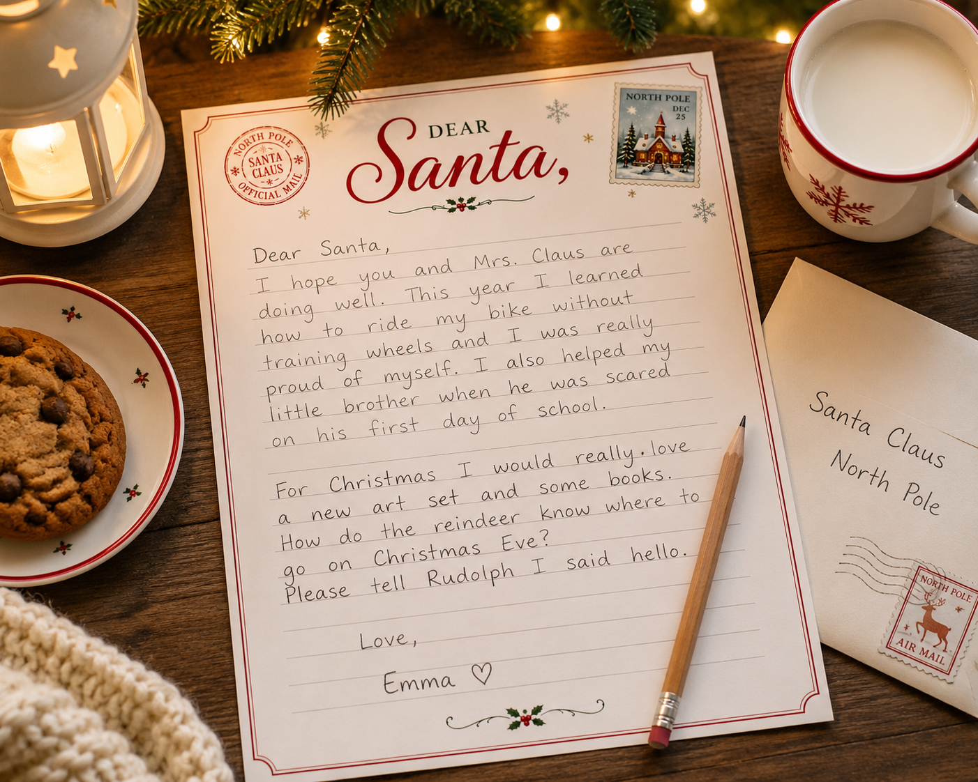 Handwritten Letter to Santa with Christmas wishes, accomplishments, and a question about Santa's reindeer.