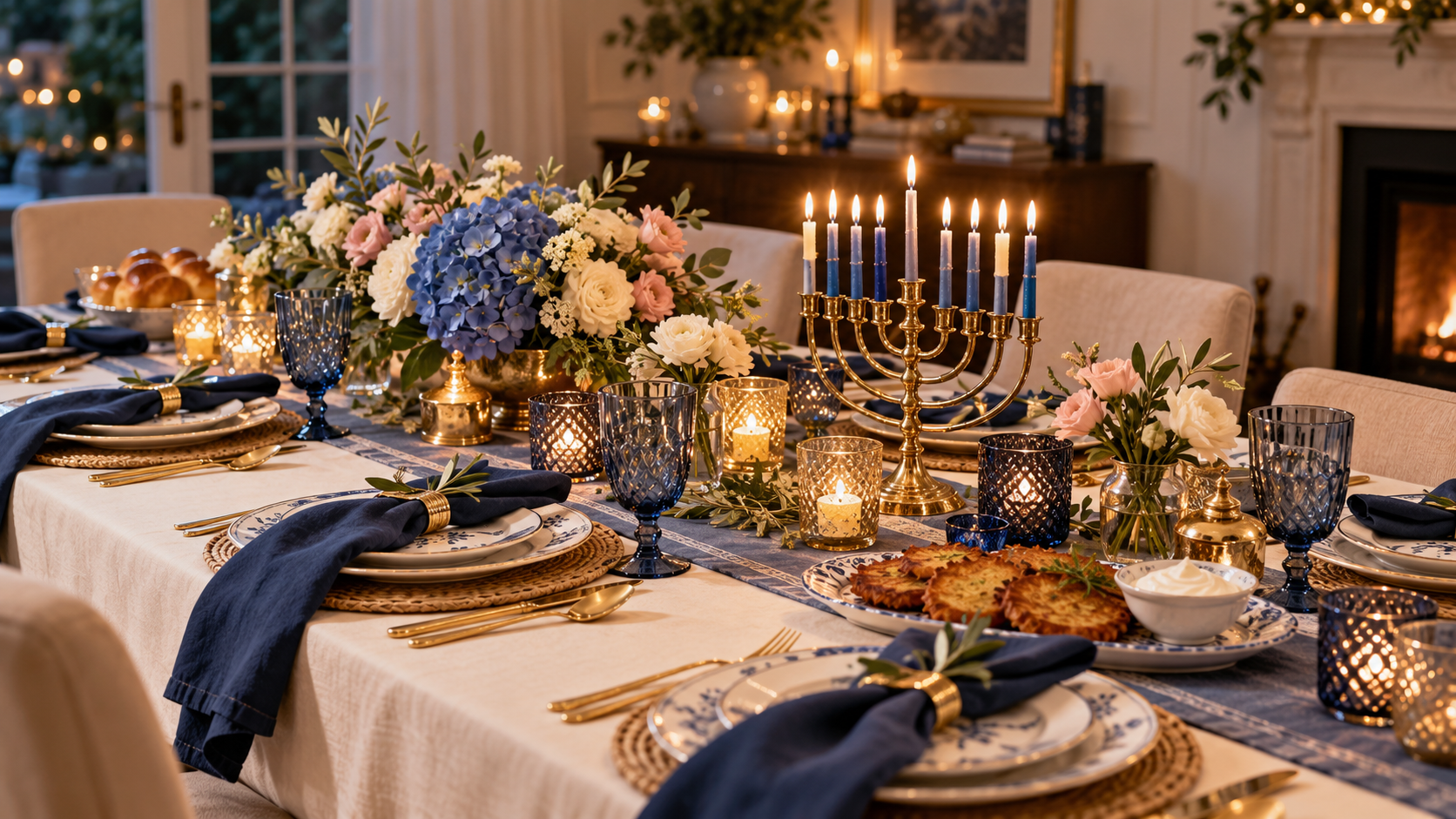 Elegant Hanukkah party table setting with a gold menorah, blue and white floral arrangements, navy napkins, gold accents, candles, and traditional potato latkes.
