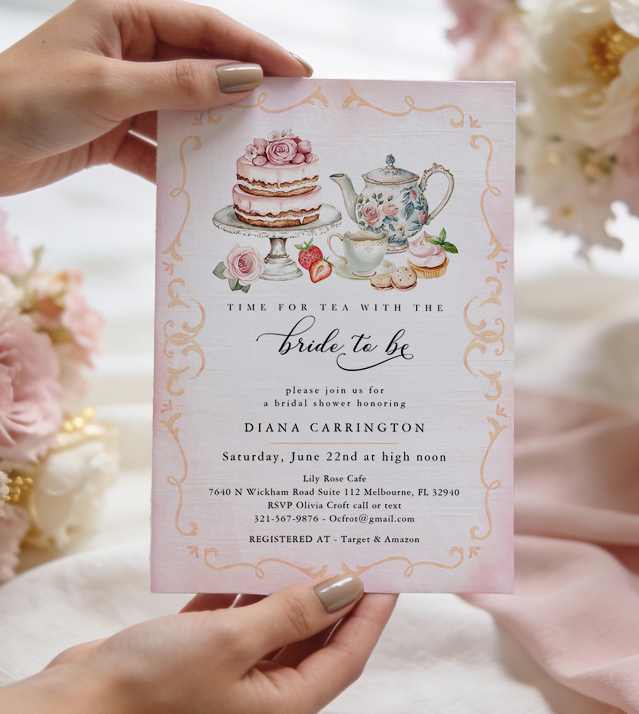 Elegant tea party bridal shower invitation with vintage teacups and blush florals