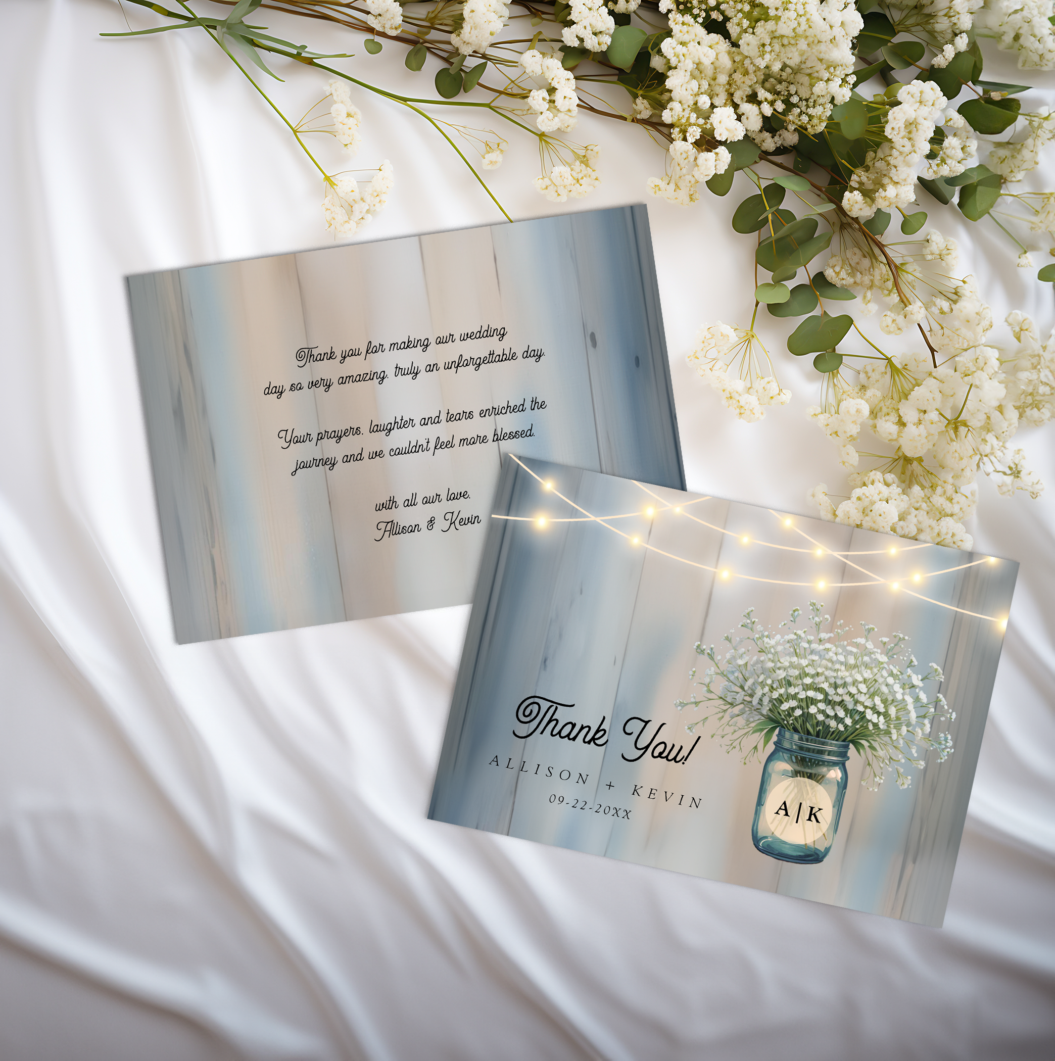 Rustic baby’s breath wedding thank you card with wood backdrop