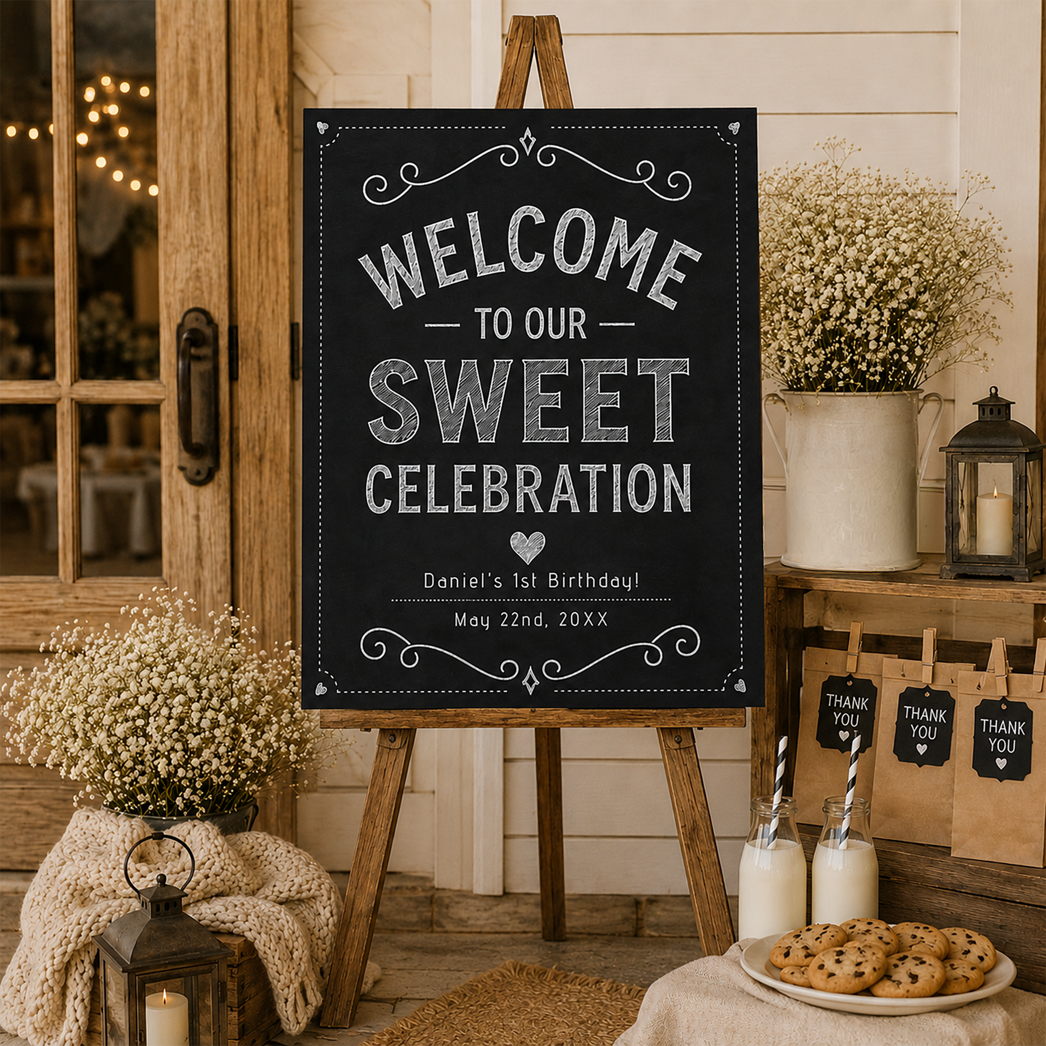 Rustic milk and cookies birthday party entrance featuring a large chalkboard welcome sign on a wooden easel surrounded by lanterns, baby’s breath flowers, milk bottles, chocolate chip cookies, kraft favor bags, and cozy neutral farmhouse decor.