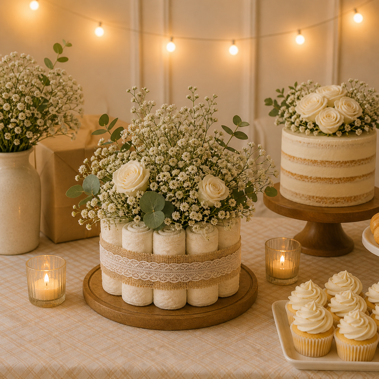 Neutral baby shower table with a diaper cake centerpiece topped with baby’s breath and white roses, surrounded by candles, cupcakes, and a rustic cake stand under warm string lights.