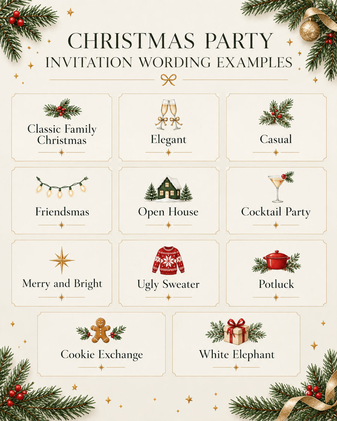 Infographic-style outline showing Christmas party invitation wording example categories: Classic Family Christmas, Elegant, Casual, Friendsmas, Open House, Cocktail Party, Merry and Bright, Ugly Sweater, Potluck, Cookie Exchange, and White Elephant.