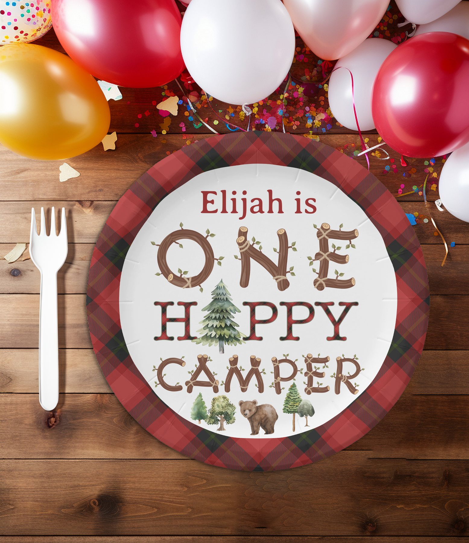 One Happy Camper first birthday party plate with plaid border and woodland camping design