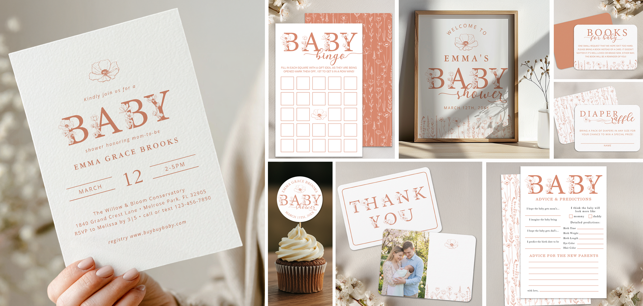 Terracotta wildflower baby shower collection with invitation, welcome sign, baby bingo, books-for-baby card, diaper raffle, cupcake topper, thank-you card, and advice game.