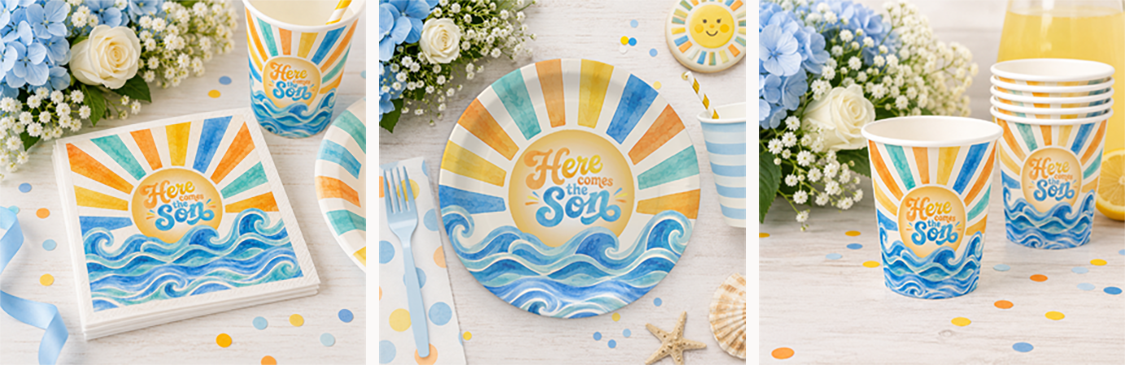 Here Comes the Son baby shower tableware featuring coordinating paper plates, cups, and napkins with watercolor sunshine rays and ocean waves in blue, yellow, and orange for a bright summer baby shower tablescape.