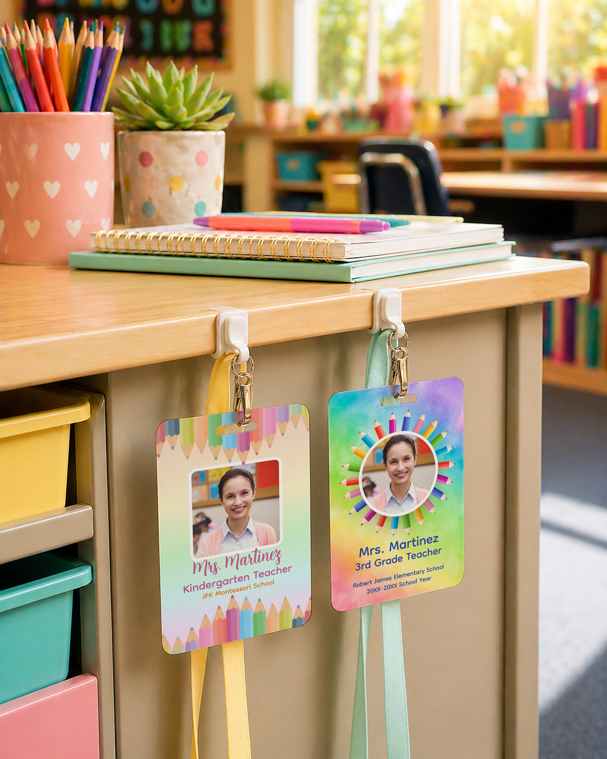 Warm classroom desk scene with two personalized teacher ID badges on pastel lanyards hanging from hooks, surrounded by pencils, notebooks, and colorful school supplies in a bright elementary classroom.