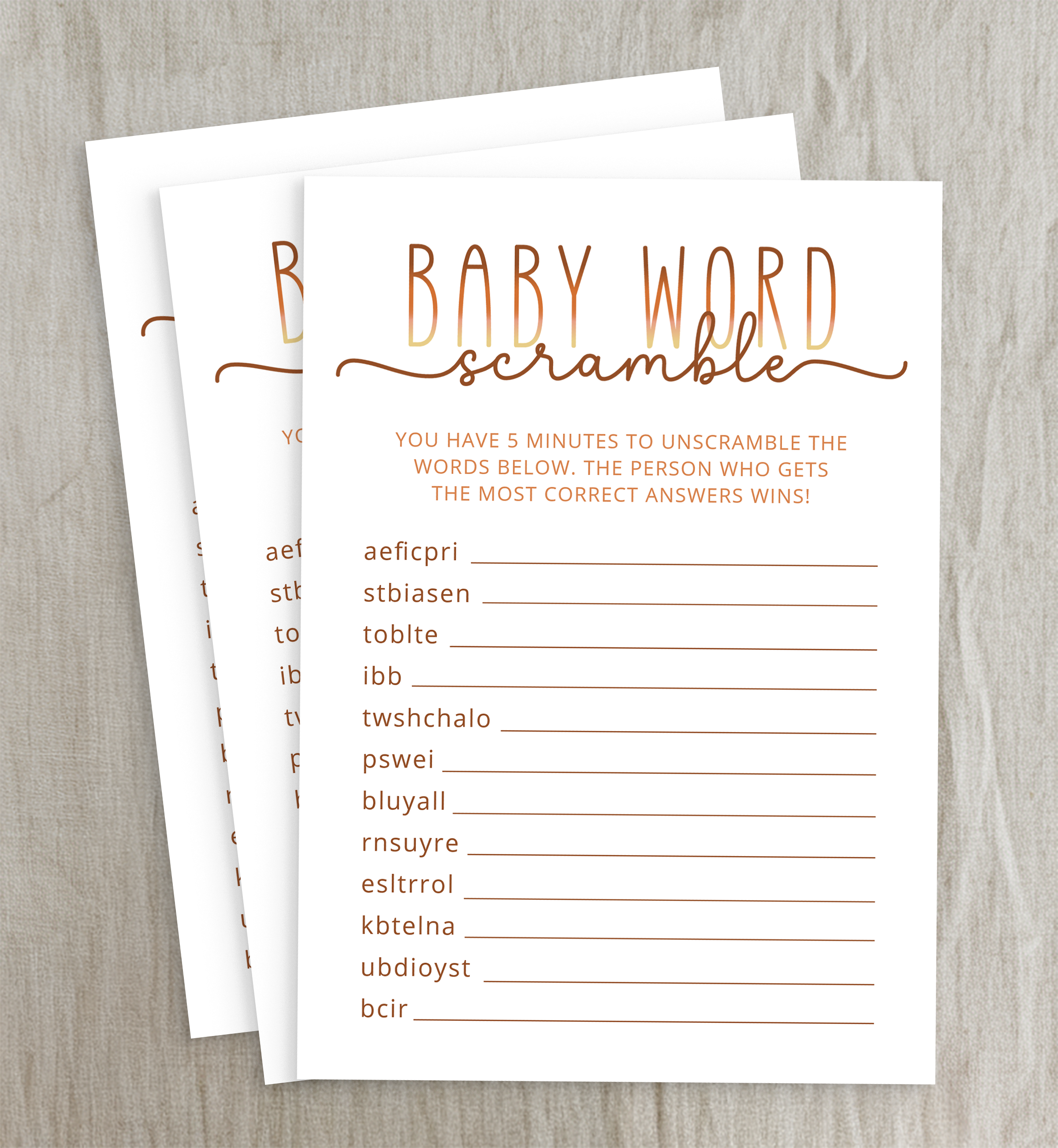 Baby Word Scramble baby shower game cards styled in a minimalist editorial flat lay on a soft neutral background.