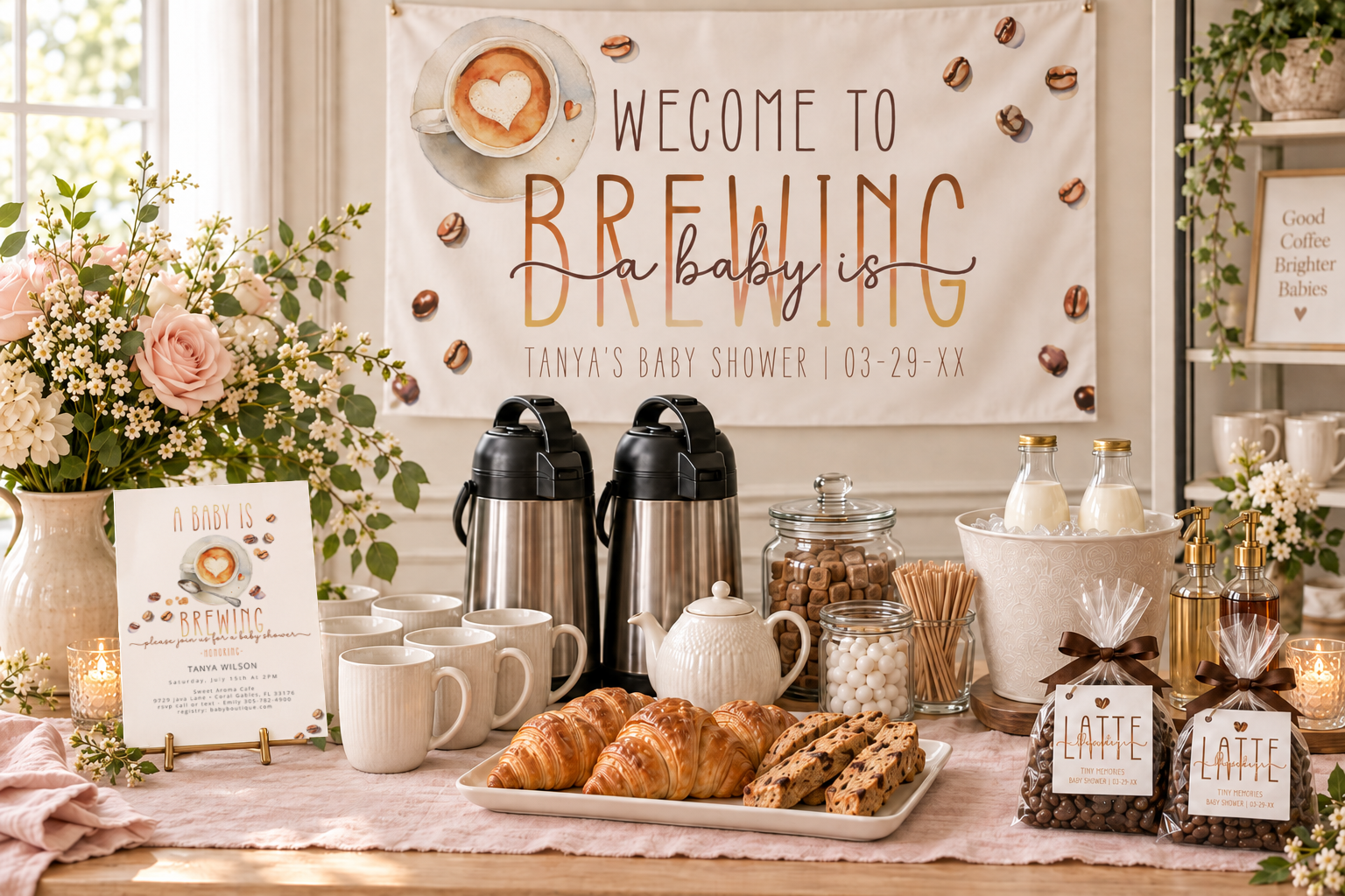 Coffee-themed morning baby shower setup with an A Baby Is Brewing banner, matching invitation, coffee-bean favor bags, pastries, mugs, milk bottles, and coffee bar accessories.