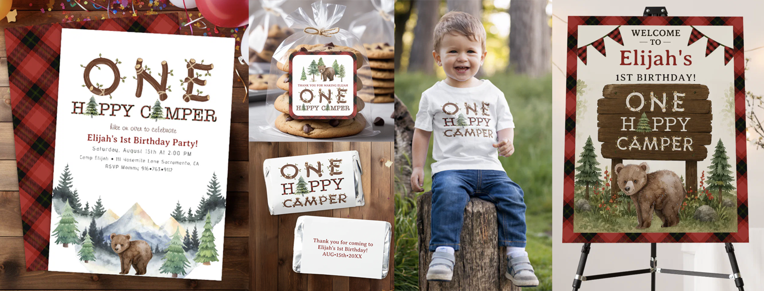 One Happy Camper first birthday party collection featuring a personalized camping invitation, welcome sign, birthday shirt, candy bar wrappers, and woodland décor with watercolor mountains, pine trees, a bear, and rustic buffalo plaid accents.
