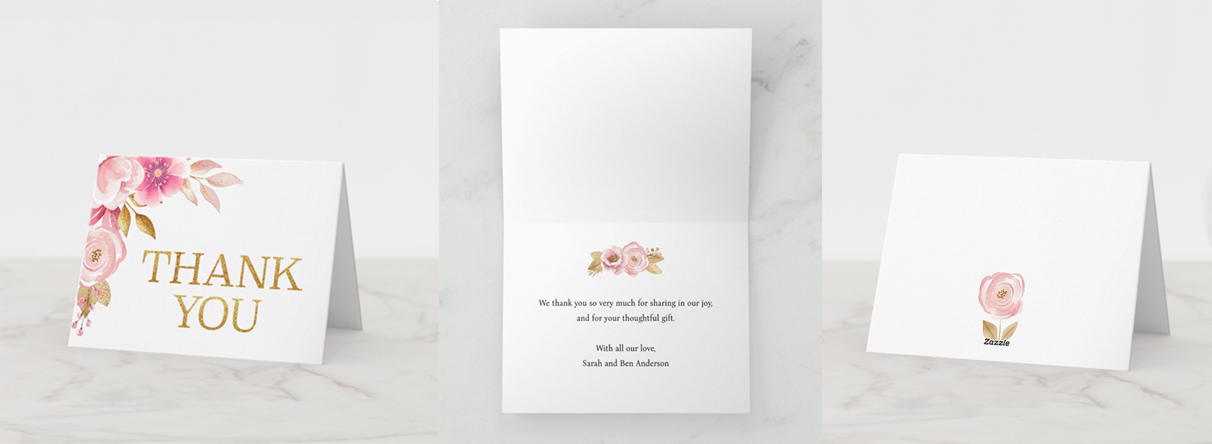 Blush pink floral baby shower thank you card with gold lettering and watercolor flowers