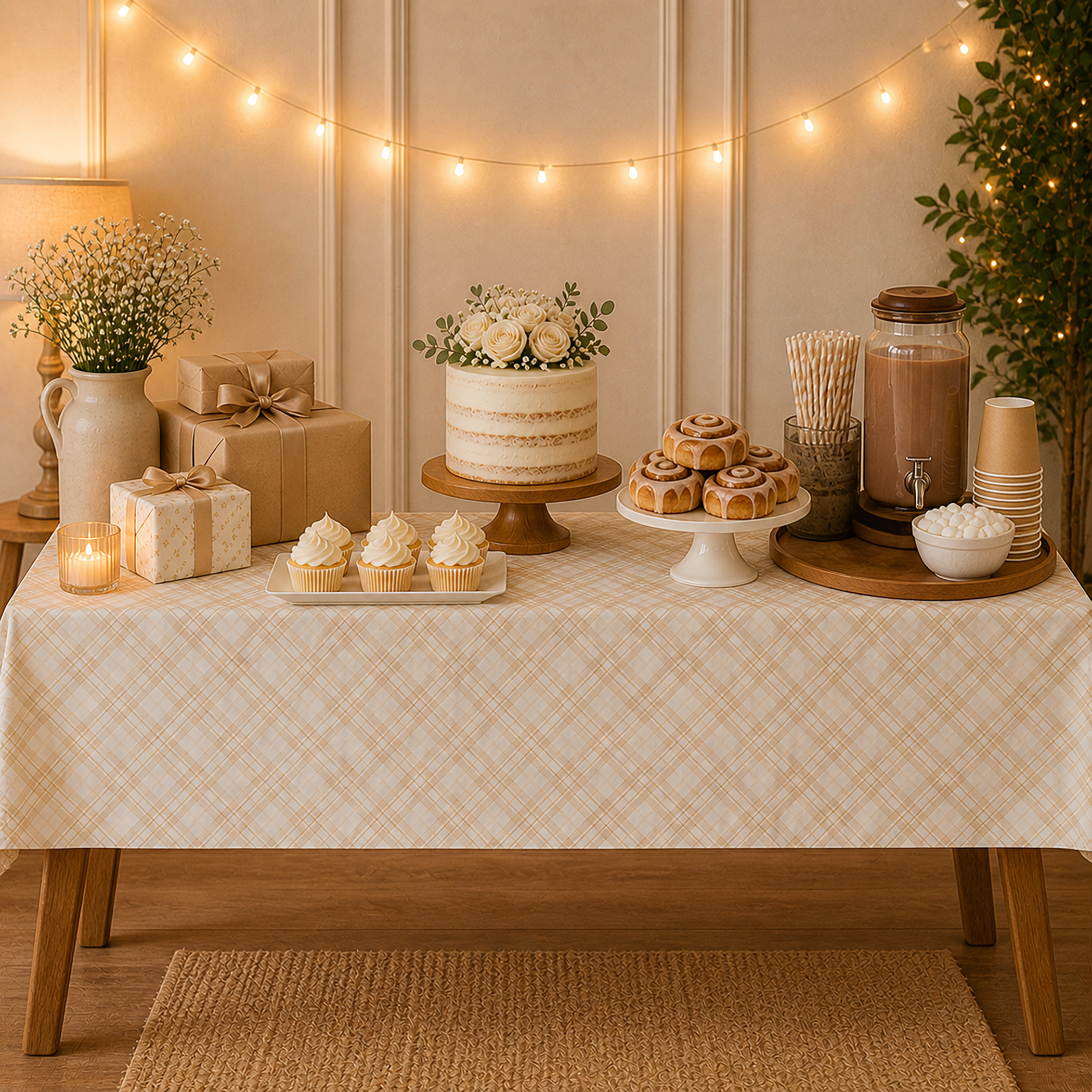 Neutral beige gingham baby shower tablecloth styled on a cozy dessert table with string lights, rustic wood accents, wrapped gifts, cake, cupcakes, cinnamon rolls, and a hot chocolate bar.