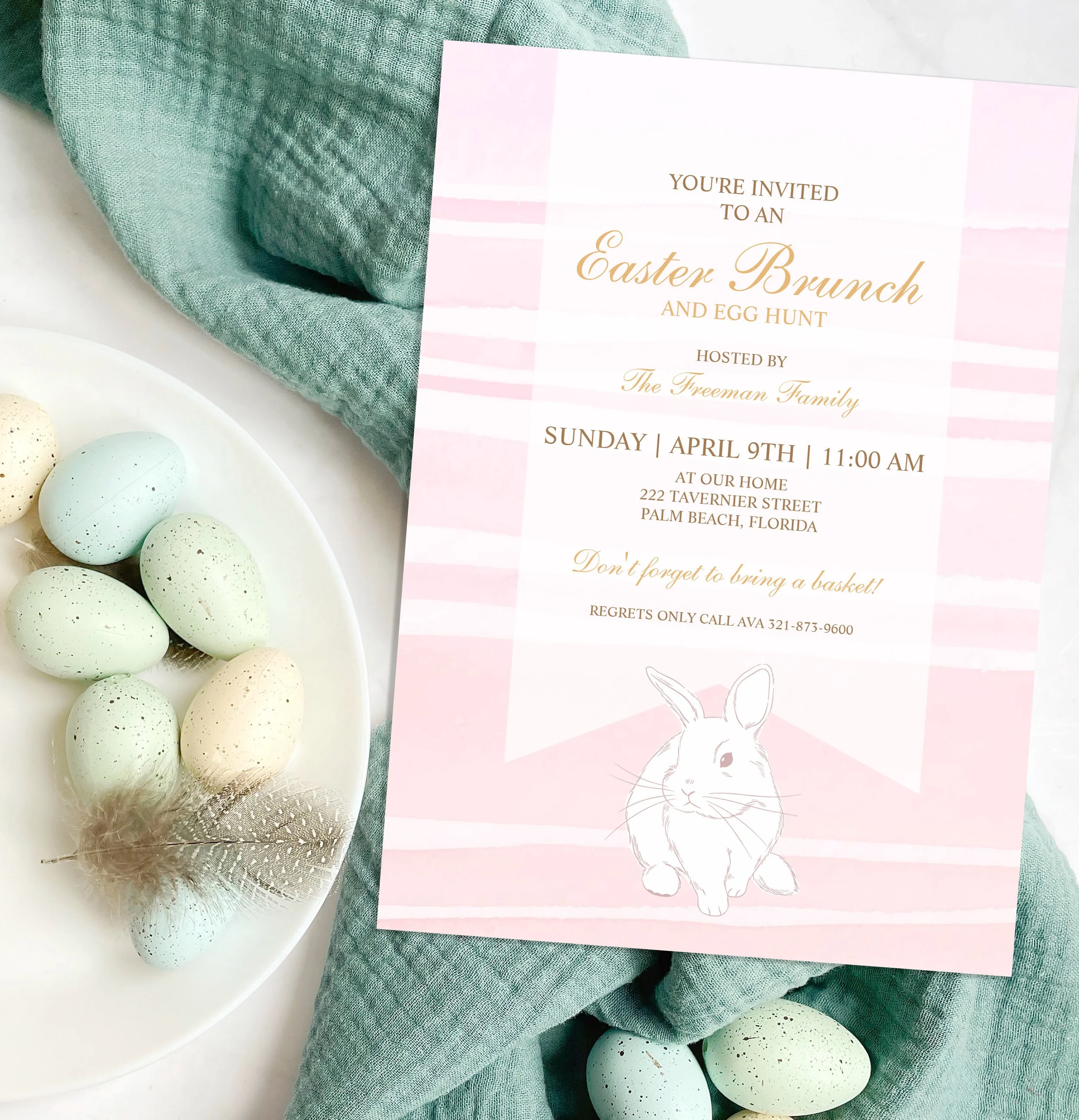 Pink Easter brunch and egg hunt invitation with bunny illustration.