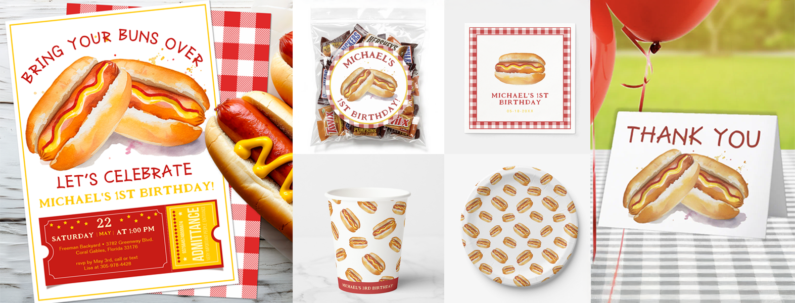 Hot Diggity Dog first birthday party collection featuring a personalized hot dog invitation, matching paper cups, plates, candy favor wrappers, and thank-you card for a backyard BBQ-themed first birthday celebration.