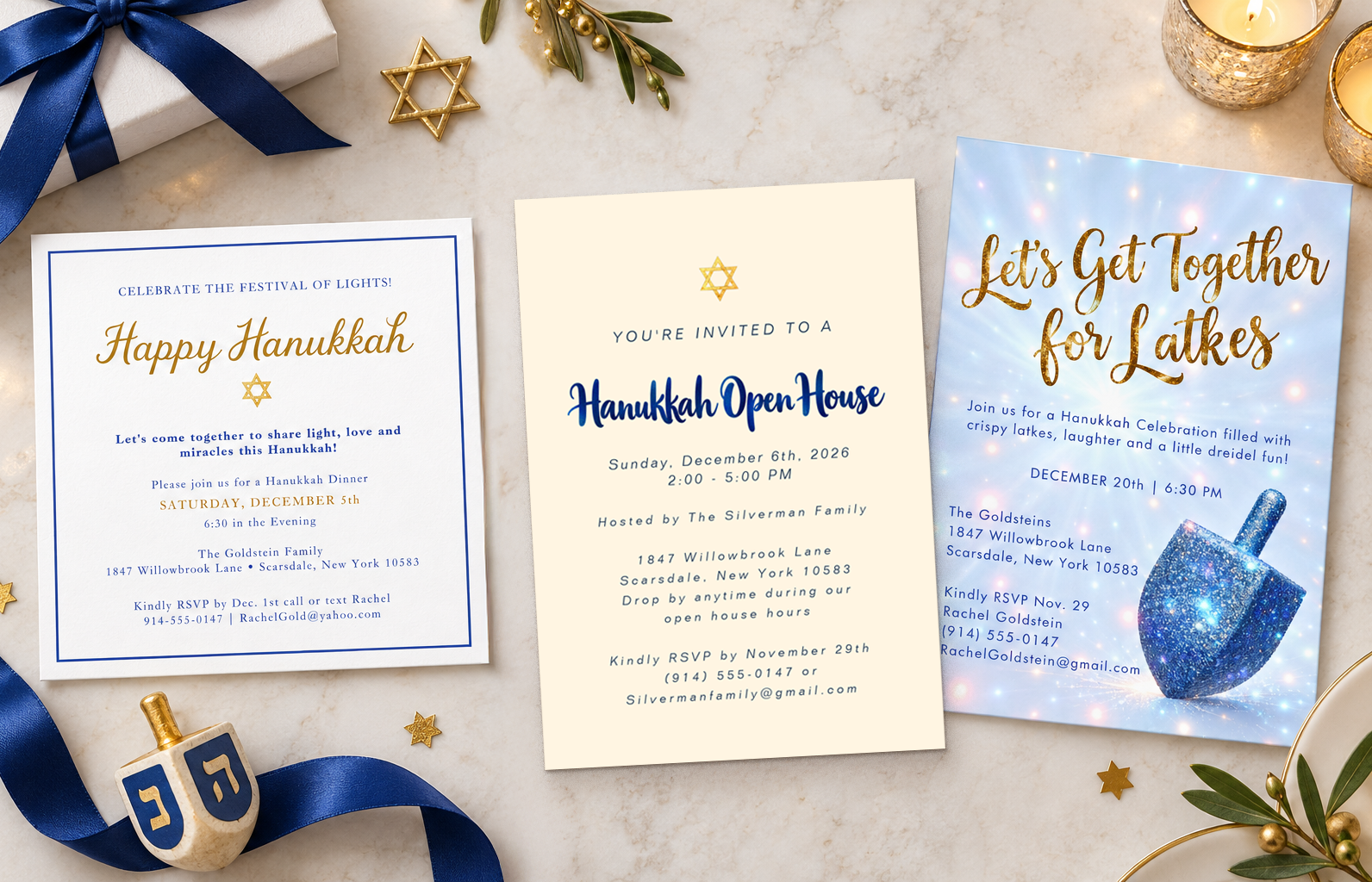 Three Chateau Whispers Hanukkah party invitations featuring an elegant gold dinner invitation, a blue Hanukkah open house invitation, and a sparkling dreidel-themed latke party invitation.