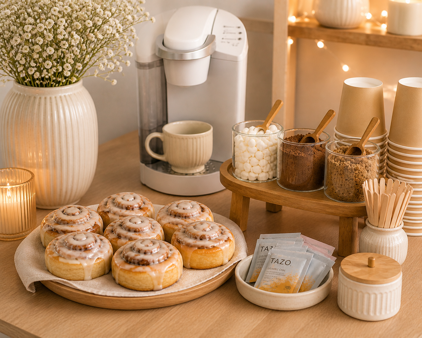 Warm neutral baby shower coffee bar with coffee maker, cinnamon rolls, tea packets, marshmallows, toppings, stacked cups, candlelight, and floral accents on wooden table.