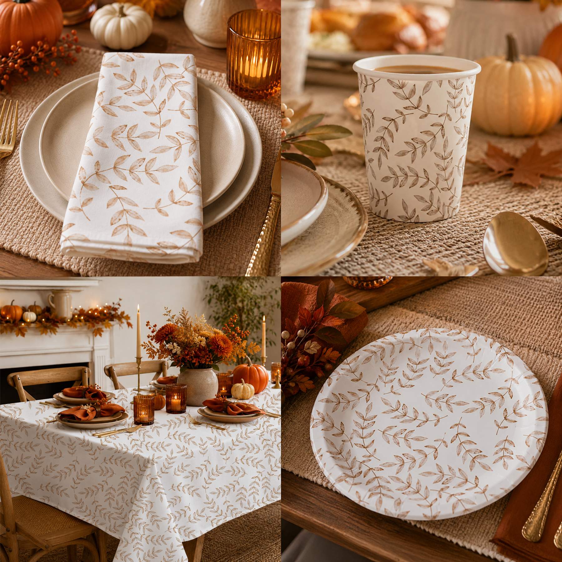 Collage of coordinated fall table décor featuring neutral watercolor leaf-patterned cloth napkins, paper cups, paper plates, and a matching autumn tablecloth styled in a warm Thanksgiving-inspired tablescape with candles, pumpkins, and amber accents.