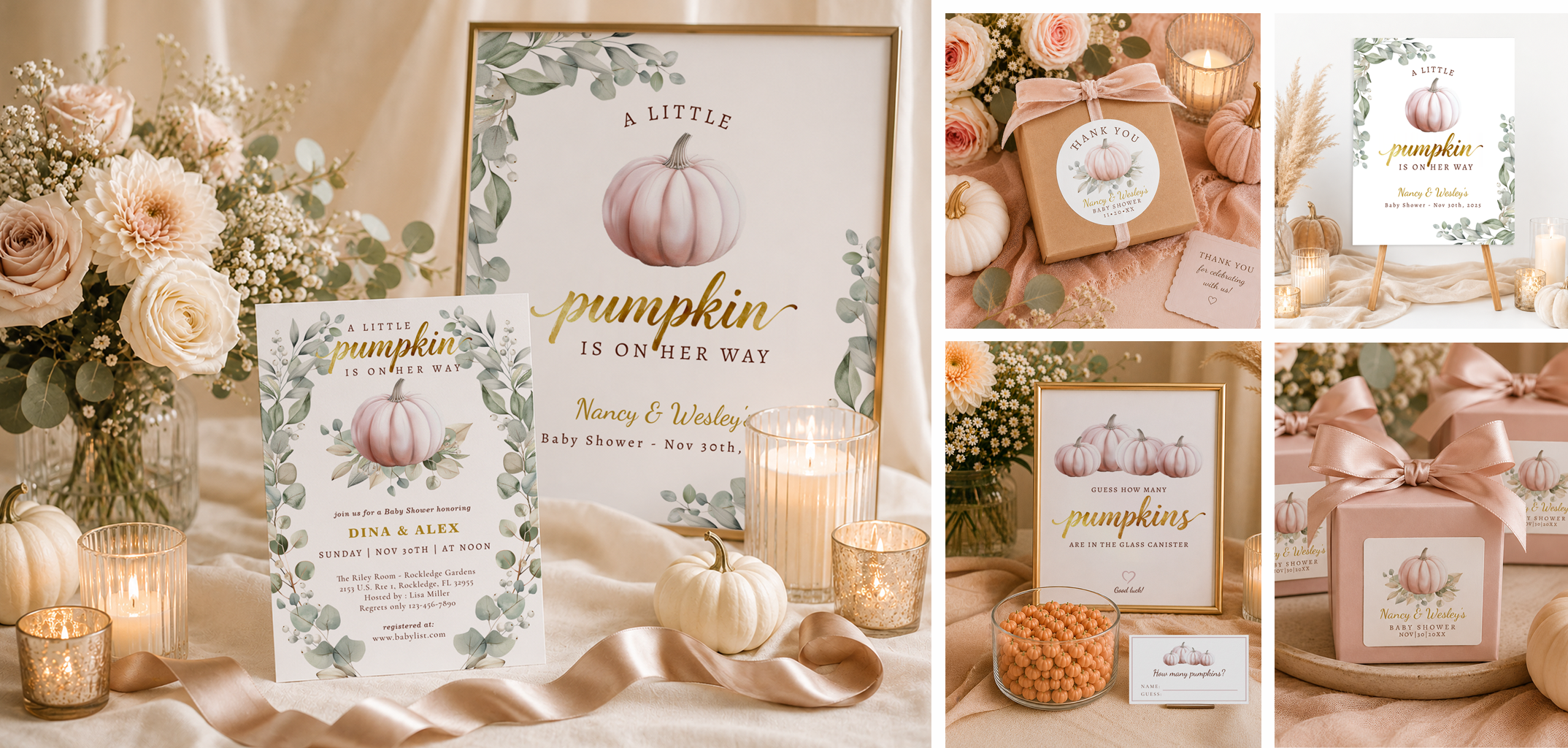Little Pumpkin baby shower with blush pumpkins, soft florals, candles, invitation, sign, game card, favor box, and thank-you gift.