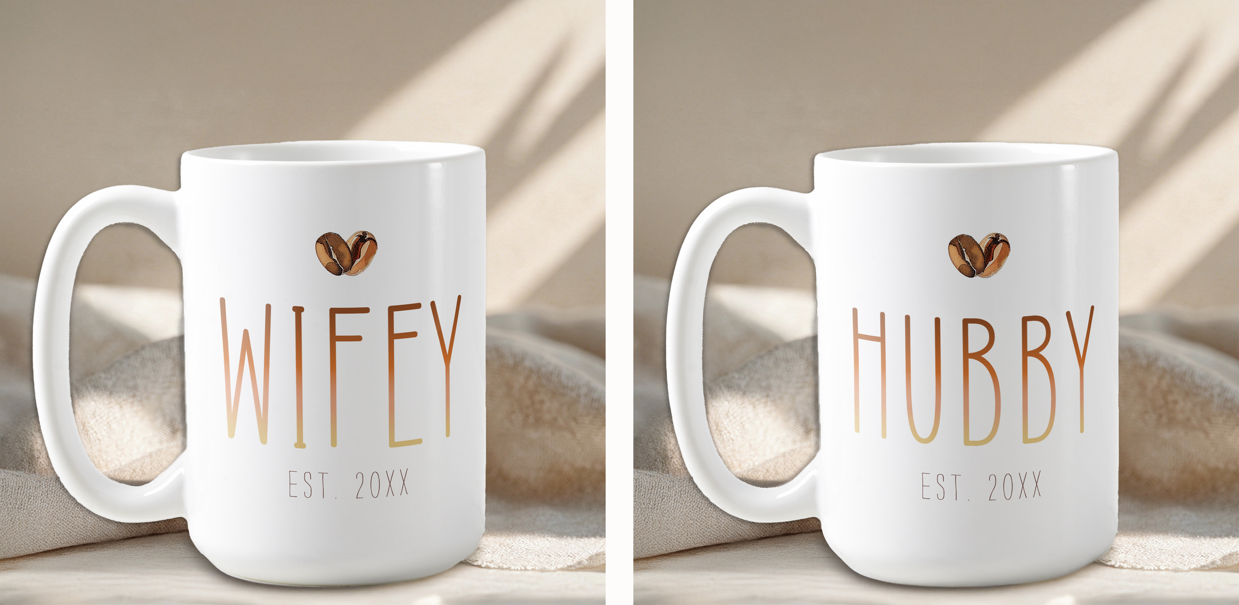 Side-by-side image of matching white ceramic mugs labeled Wifey and Hubby in gold lettering, styled on a soft neutral fabric background with warm natural light.