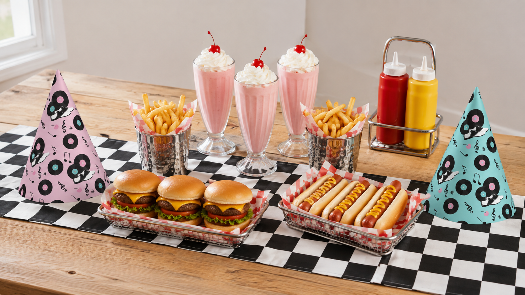 1950s diner party menu with sliders, hot dogs, fries, strawberry milkshakes, checkerboard runner, and retro party hats.